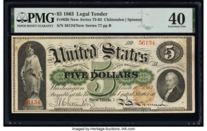 image for: Fr. 63b $5 1863 Legal Tender PMG Extremely Fine 40....