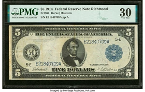 image for: Fr. 862 $5 1914 Federal Reserve Note PMG Very Fine 30....