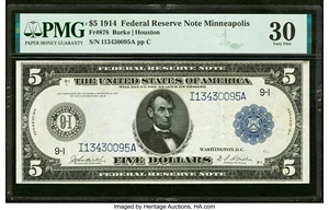 image for: Fr. 878 $5 1914 Federal Reserve Note PMG Very Fine 30....