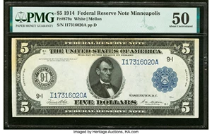 image for: Fr. 879a $5 1914 Federal Reserve Note PMG About Uncirculated 50....
