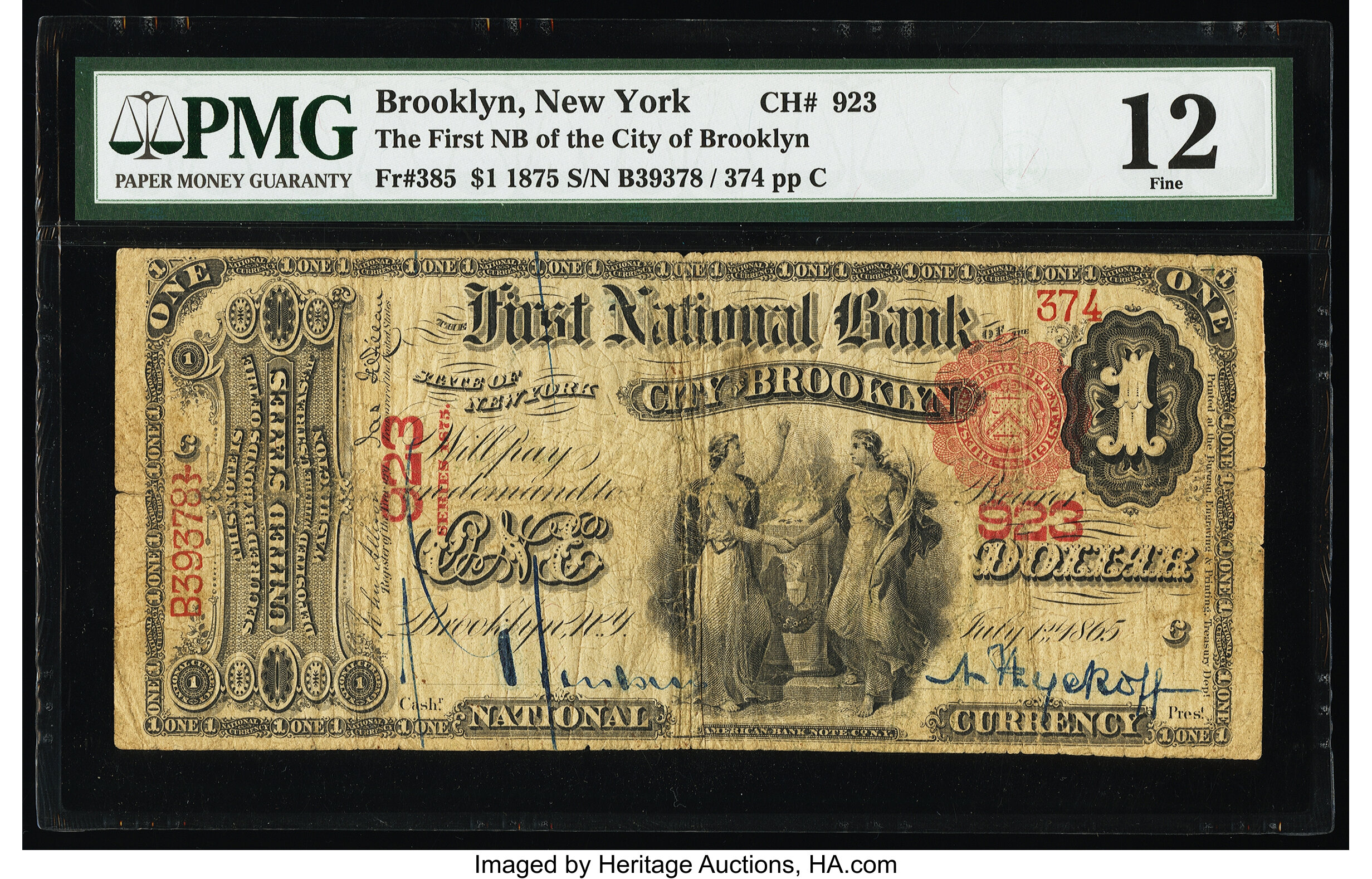 image for: Brooklyn, NY - $1 1875 Fr. 385 The First National Bank of the City of Brooklyn Ch. # 923 PMG Fine 12....