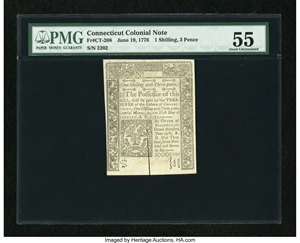image for: Connecticut June 19, 1776 1s/3d PMG About Uncirculated 55....