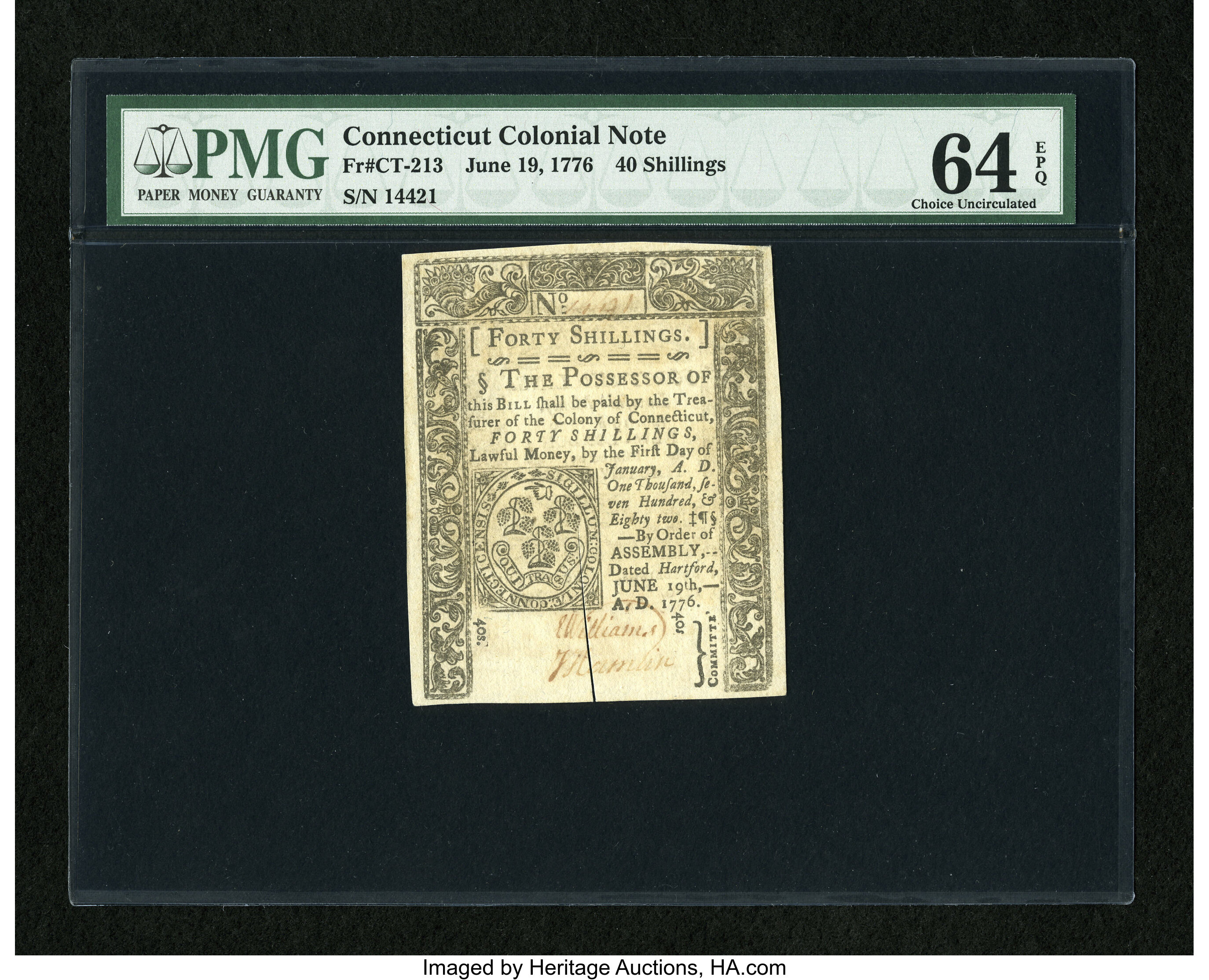 image for: Connecticut June 19, 1776 40s PMG Choice Uncirculated 64 EPQ....