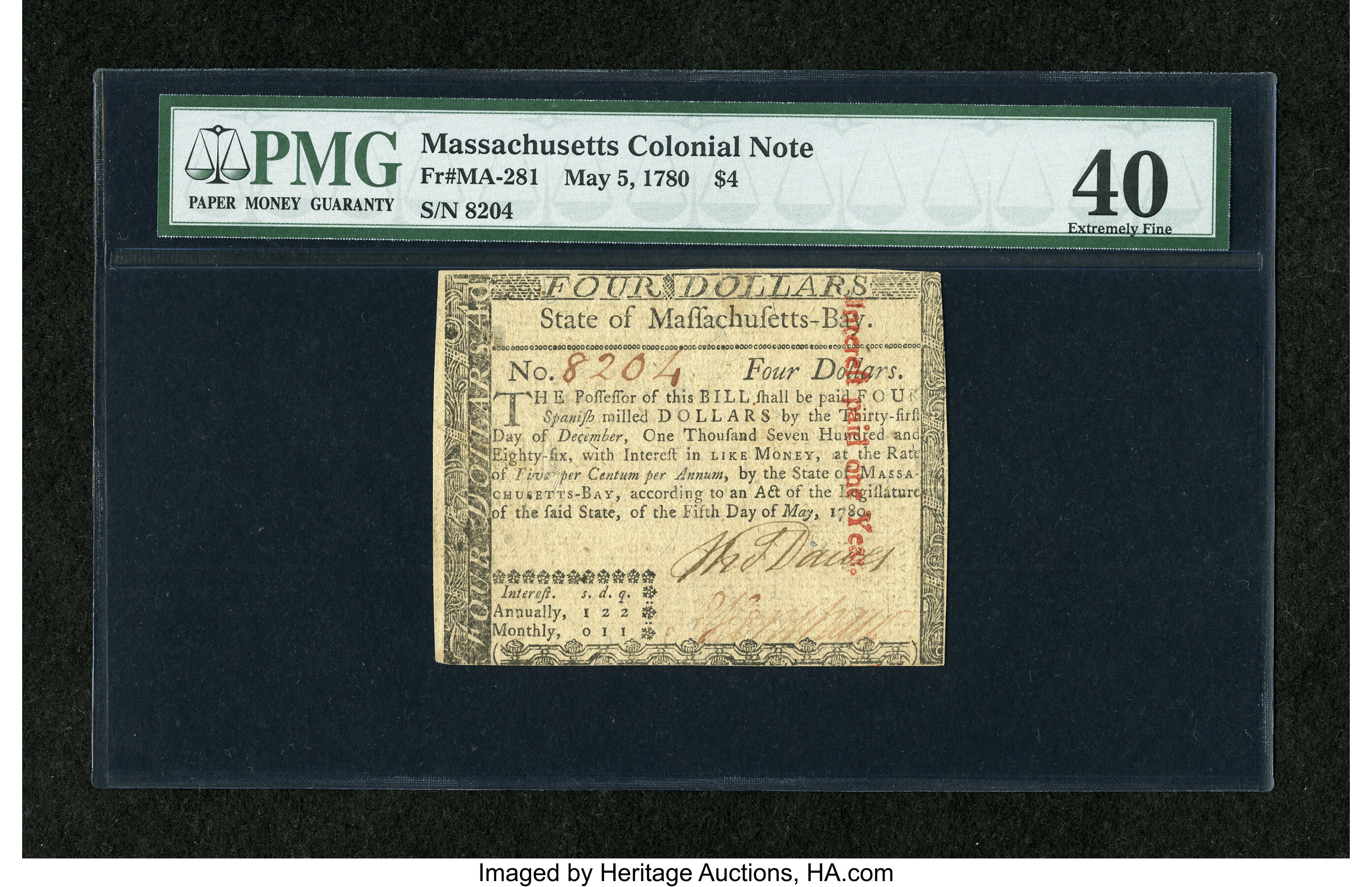 image for: Massachusetts May 5, 1780 $4 PMG Extremely Fine 40....