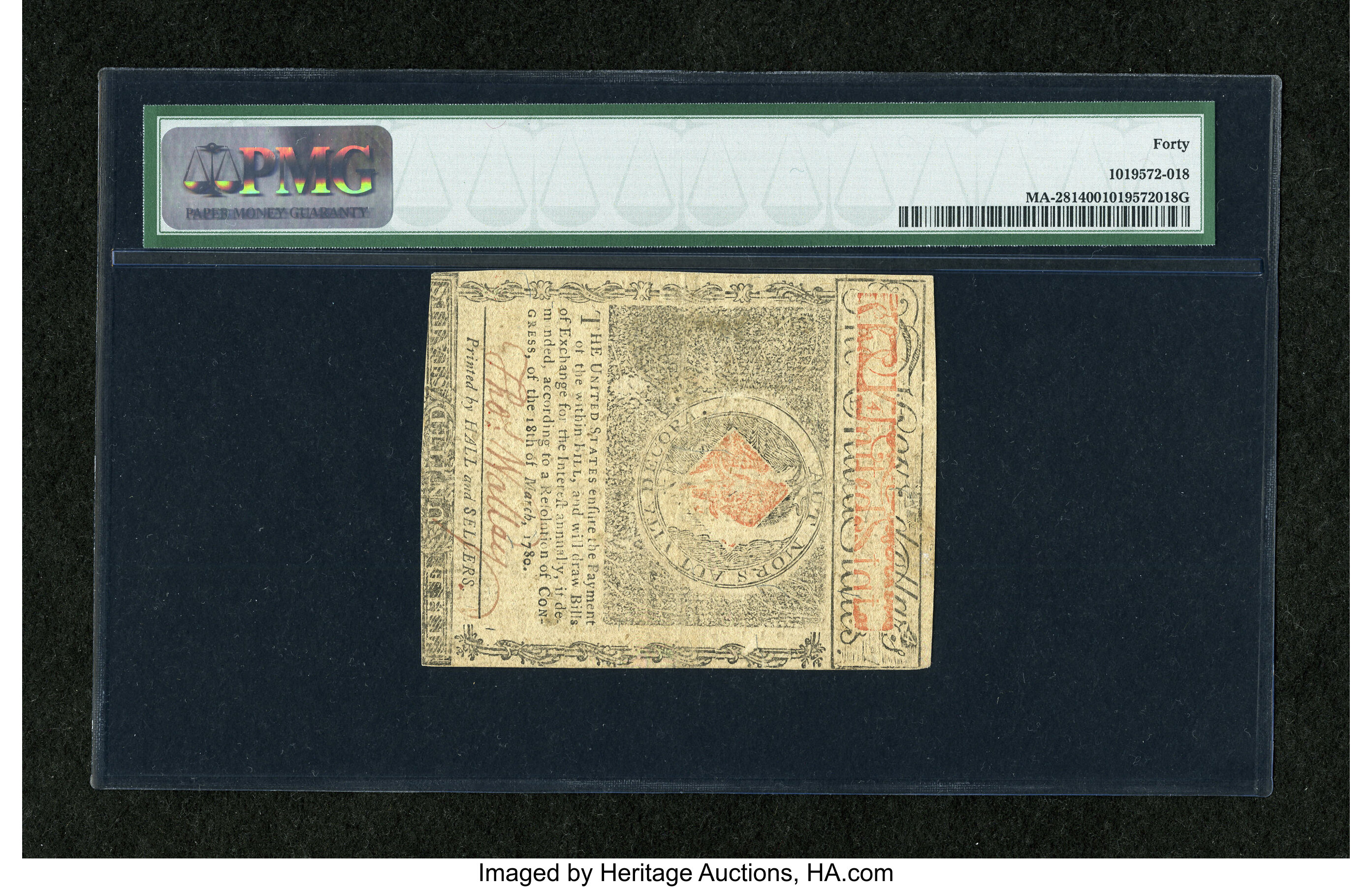 image for: Massachusetts May 5, 1780 $4 PMG Extremely Fine 40....