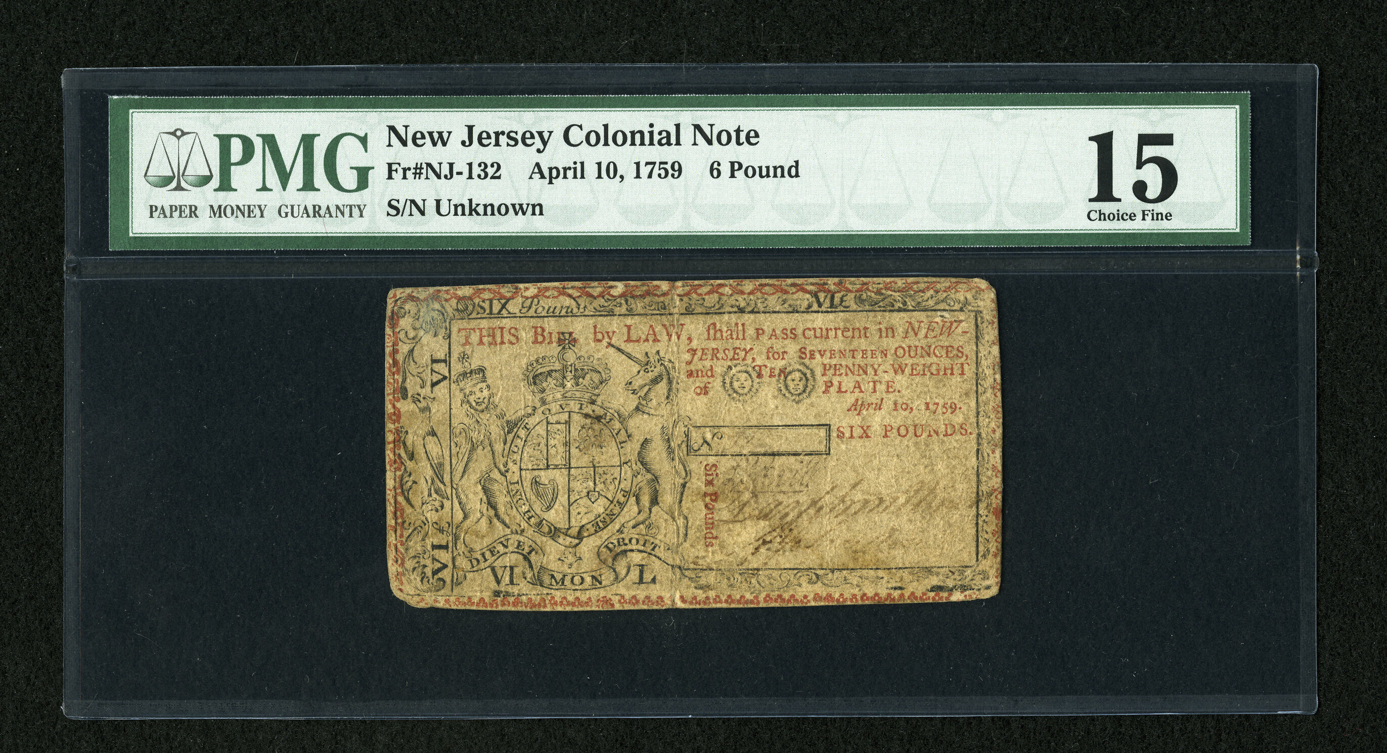 image for: New Jersey April 10, 1759 £6 PMG Choice Fine 15....