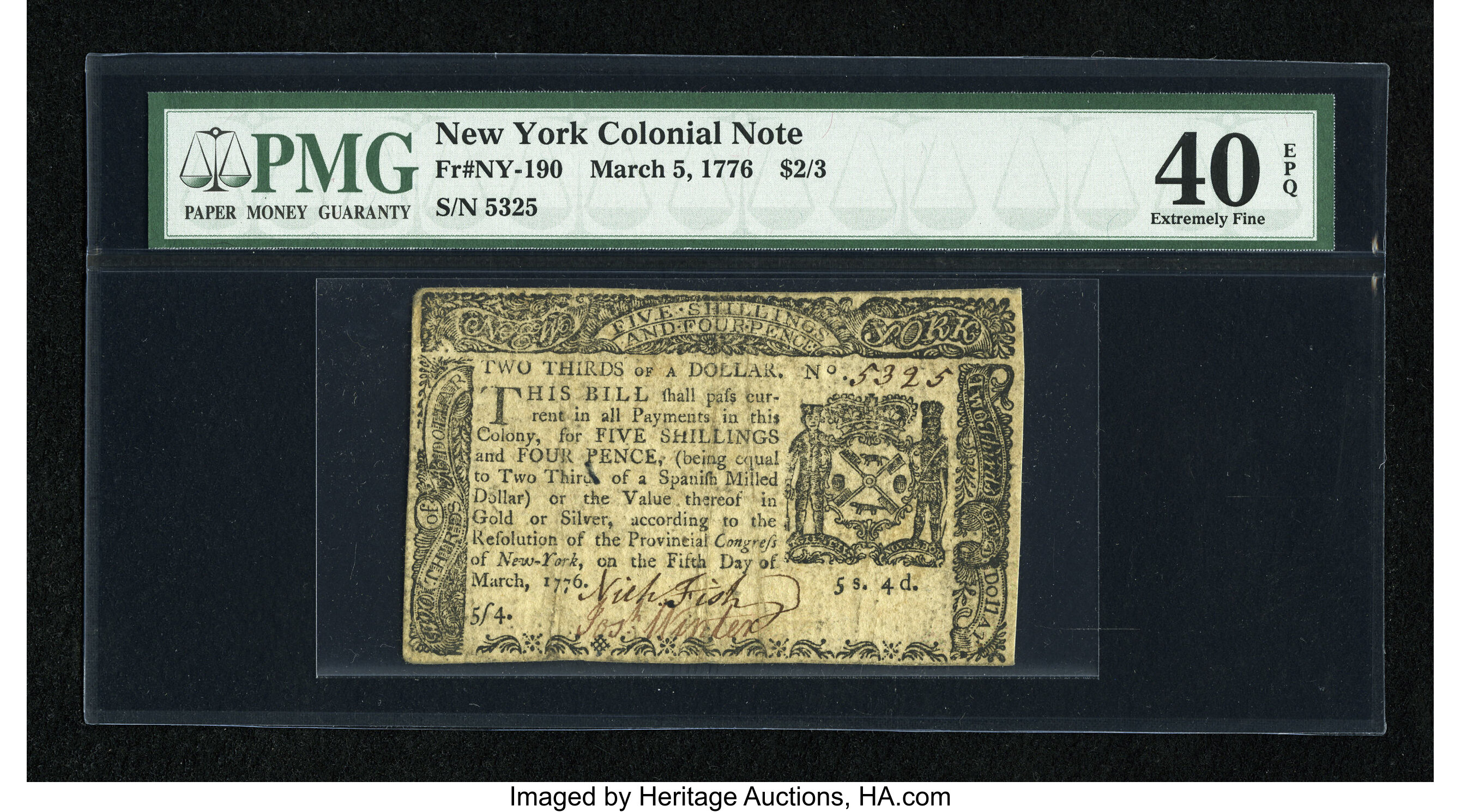image for: New York March 5, 1776 $2/3 PMG Extremely Fine 40 EPQ....