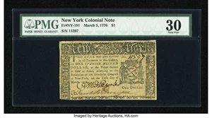 image for: New York March 5, 1776 $1 PMG Very Fine 30....