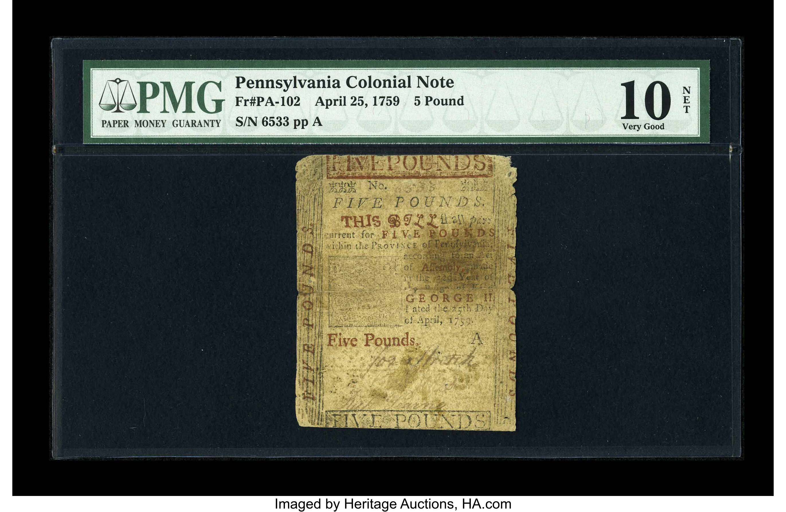 image for: Pennsylvania April 25, 1759 £5 PMG Very Good 10 NET....
