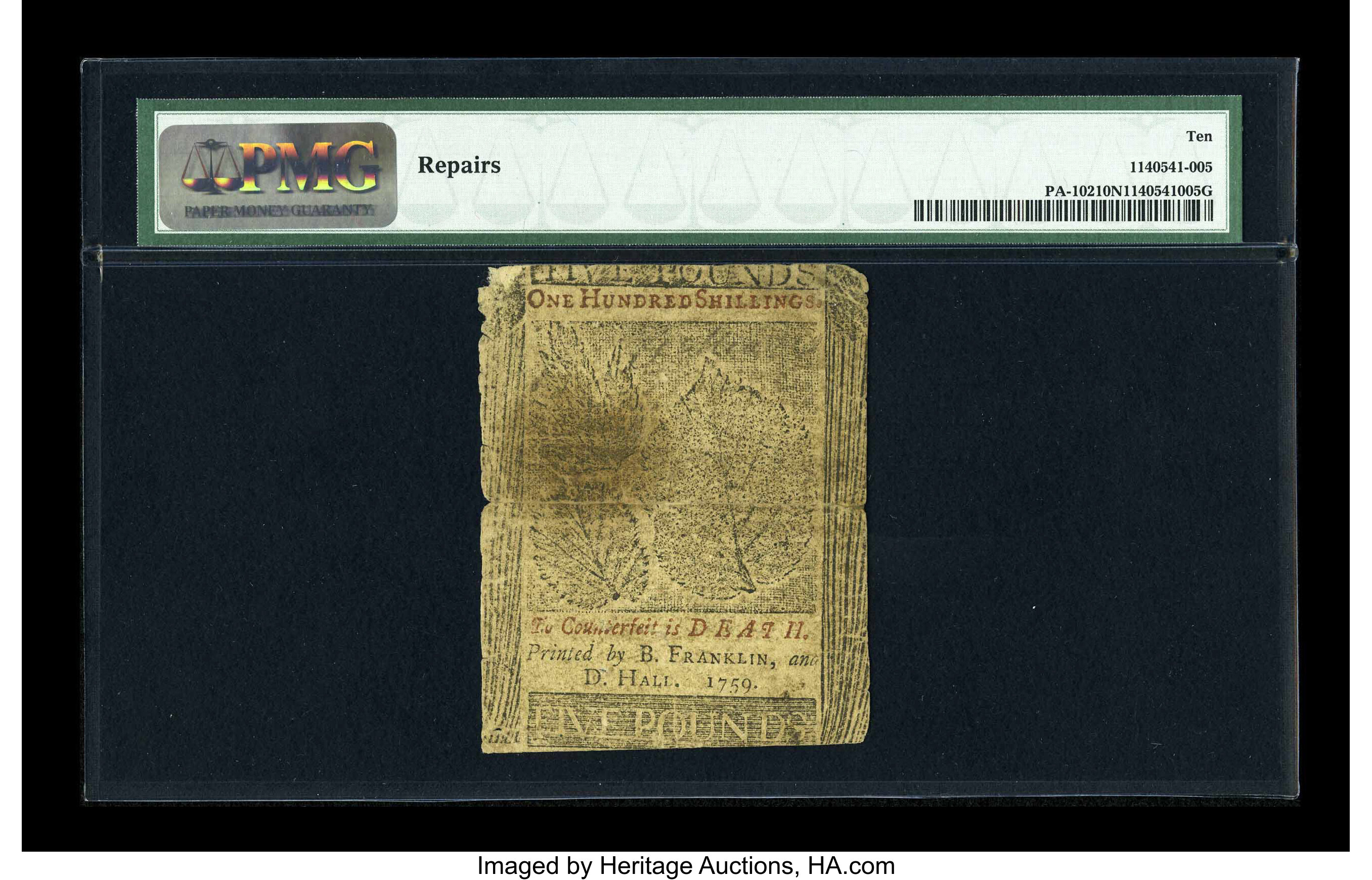 image for: Pennsylvania April 25, 1759 £5 PMG Very Good 10 NET....