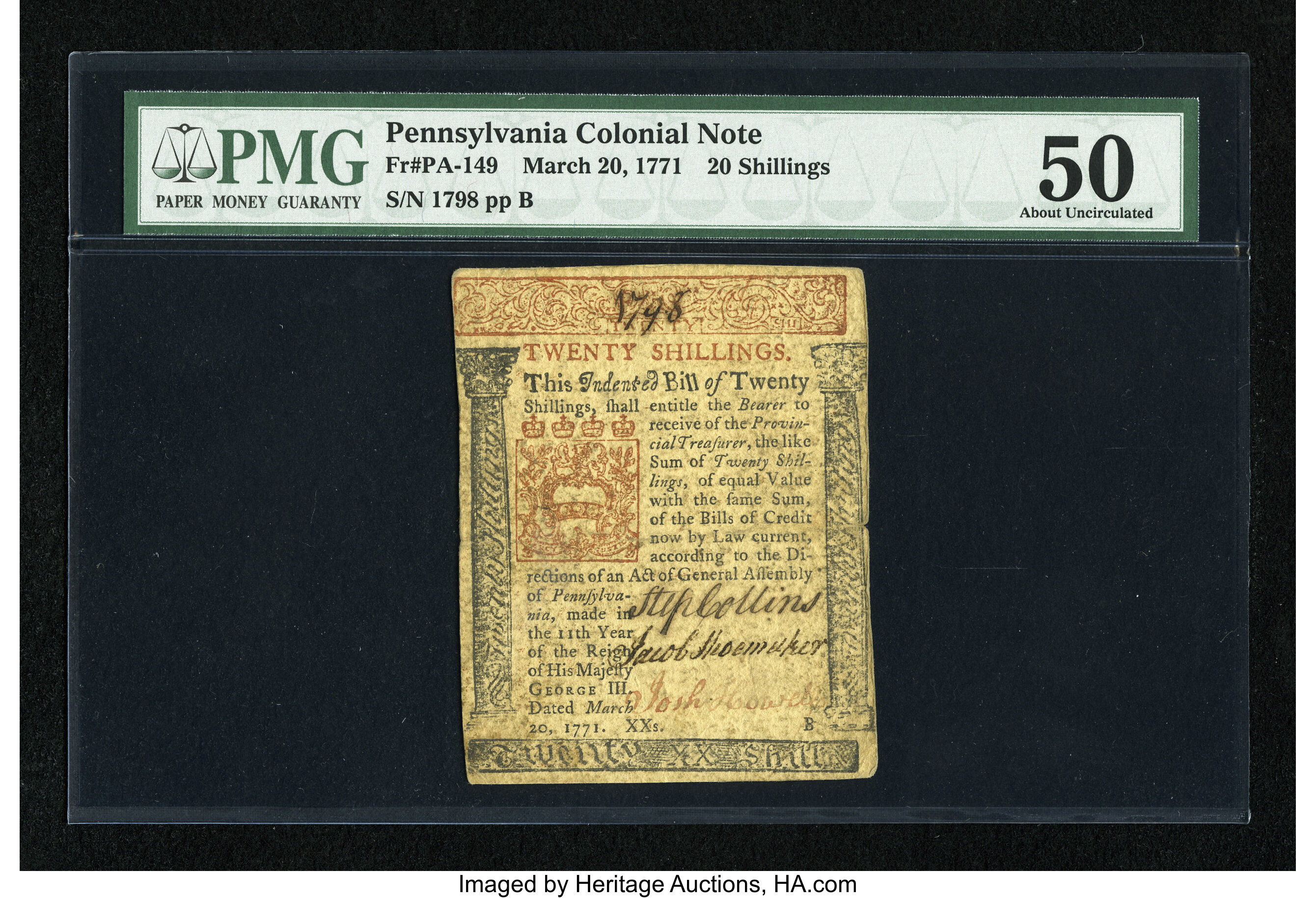image for: Pennsylvania March 20, 1771 20s PMG About Uncirculated 50....