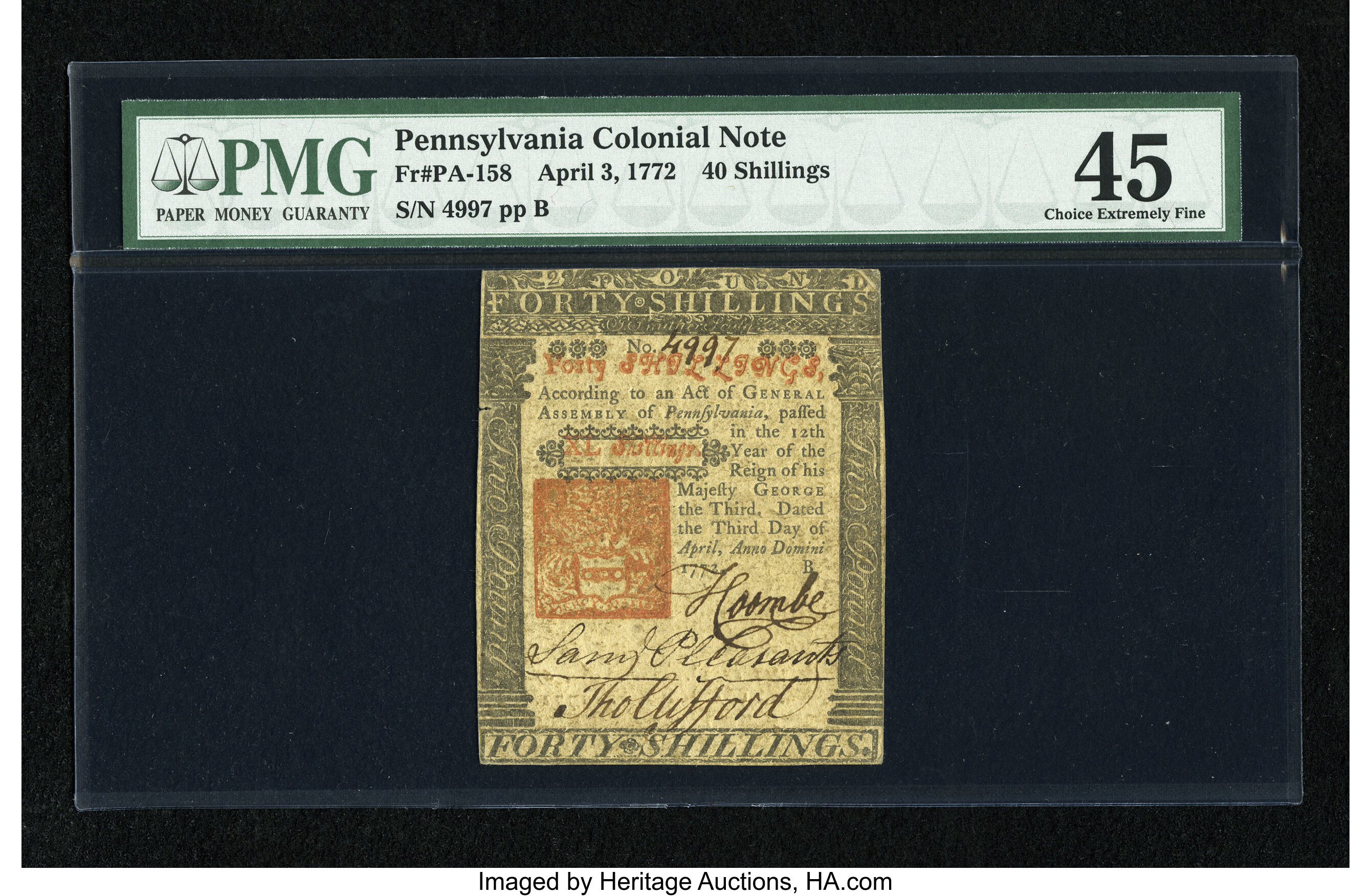 image for: Pennsylvania April 3, 1772 40s PMG Choice Extremely Fine 45....