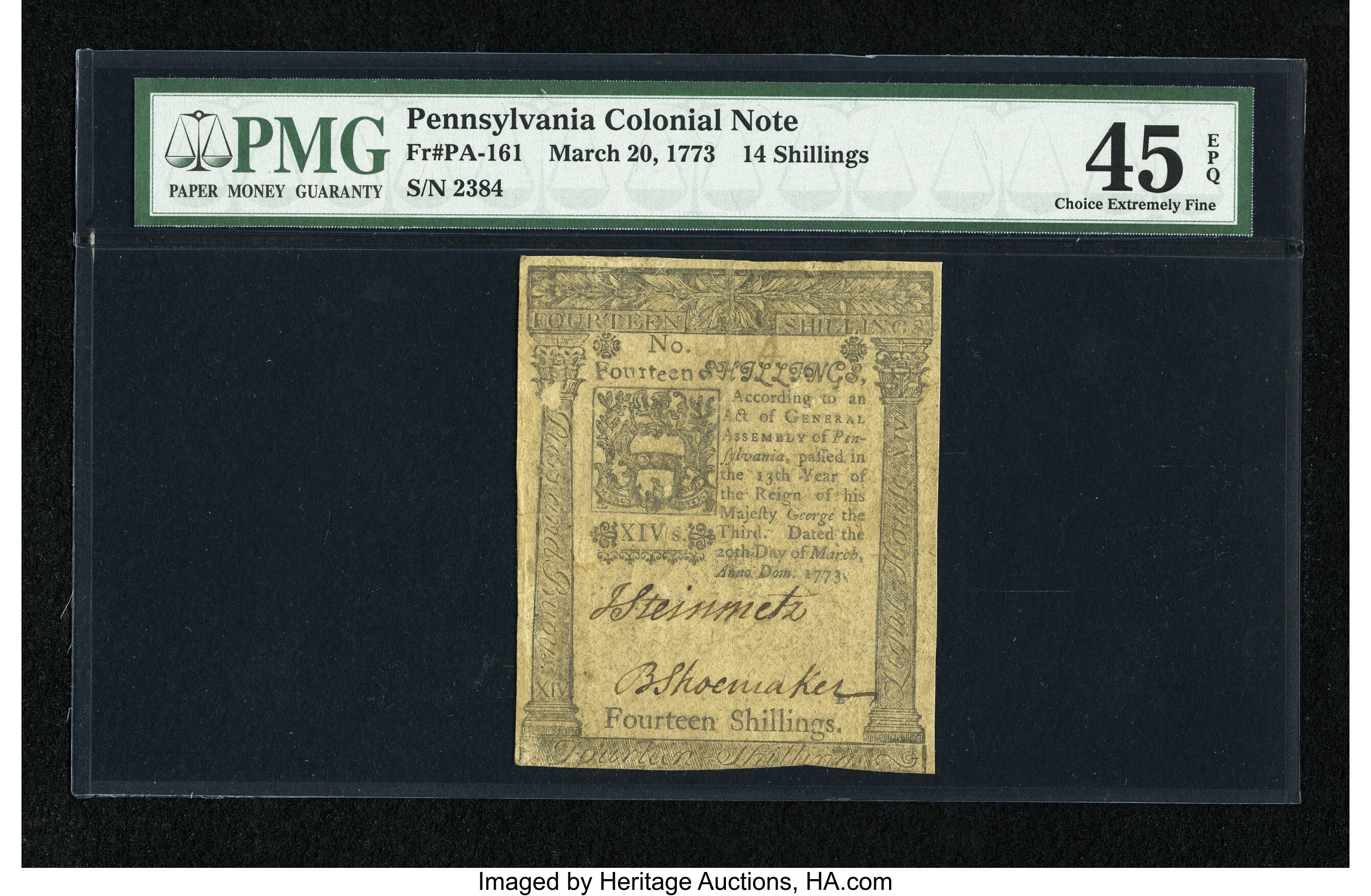 image for: Pennsylvania March 20, 1773 14s PMG Choice Extremely Fine 45 EPQ....