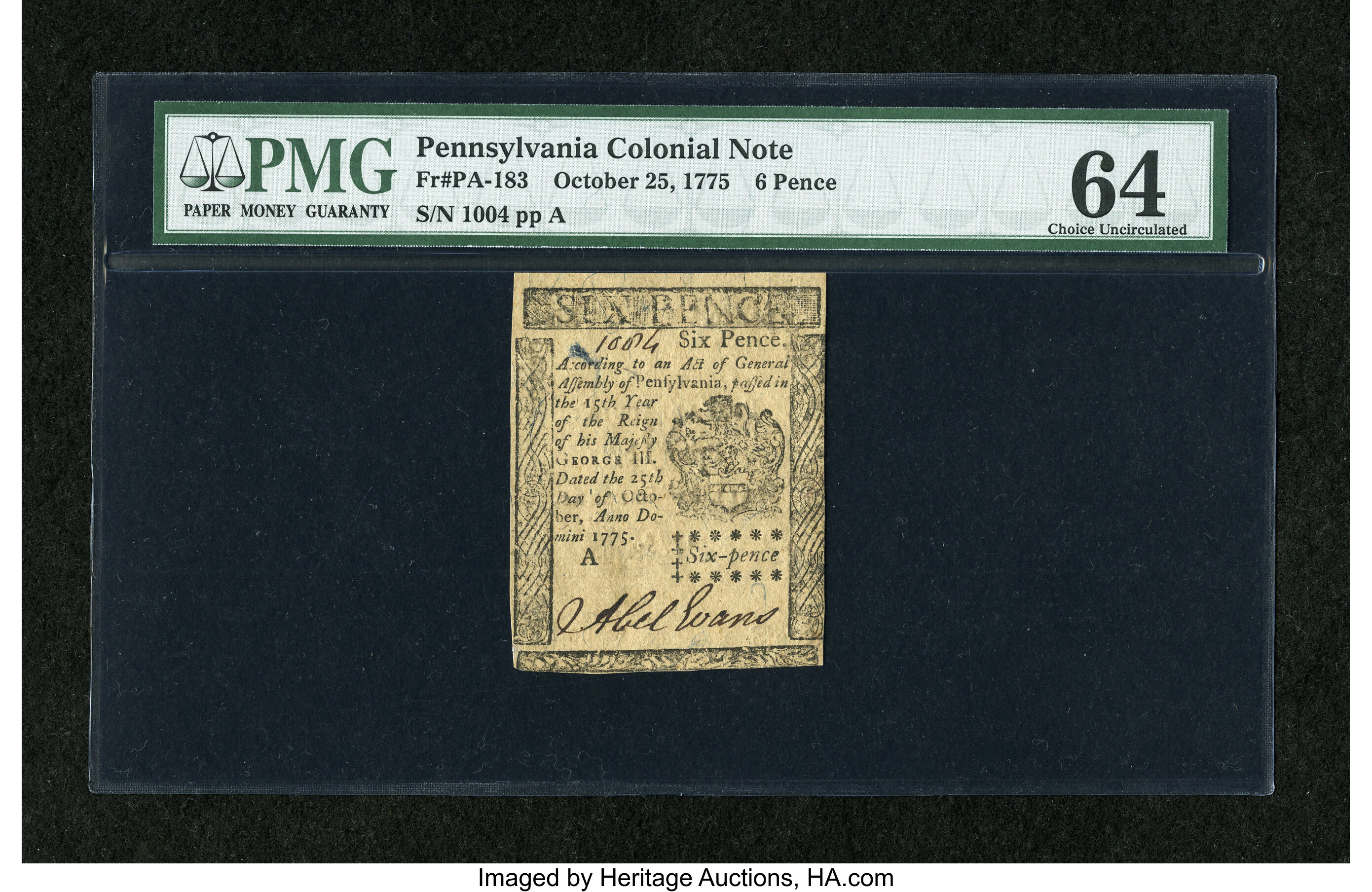 image for: Pennsylvania October 25, 1775 6d PMG Choice Uncirculated 64....