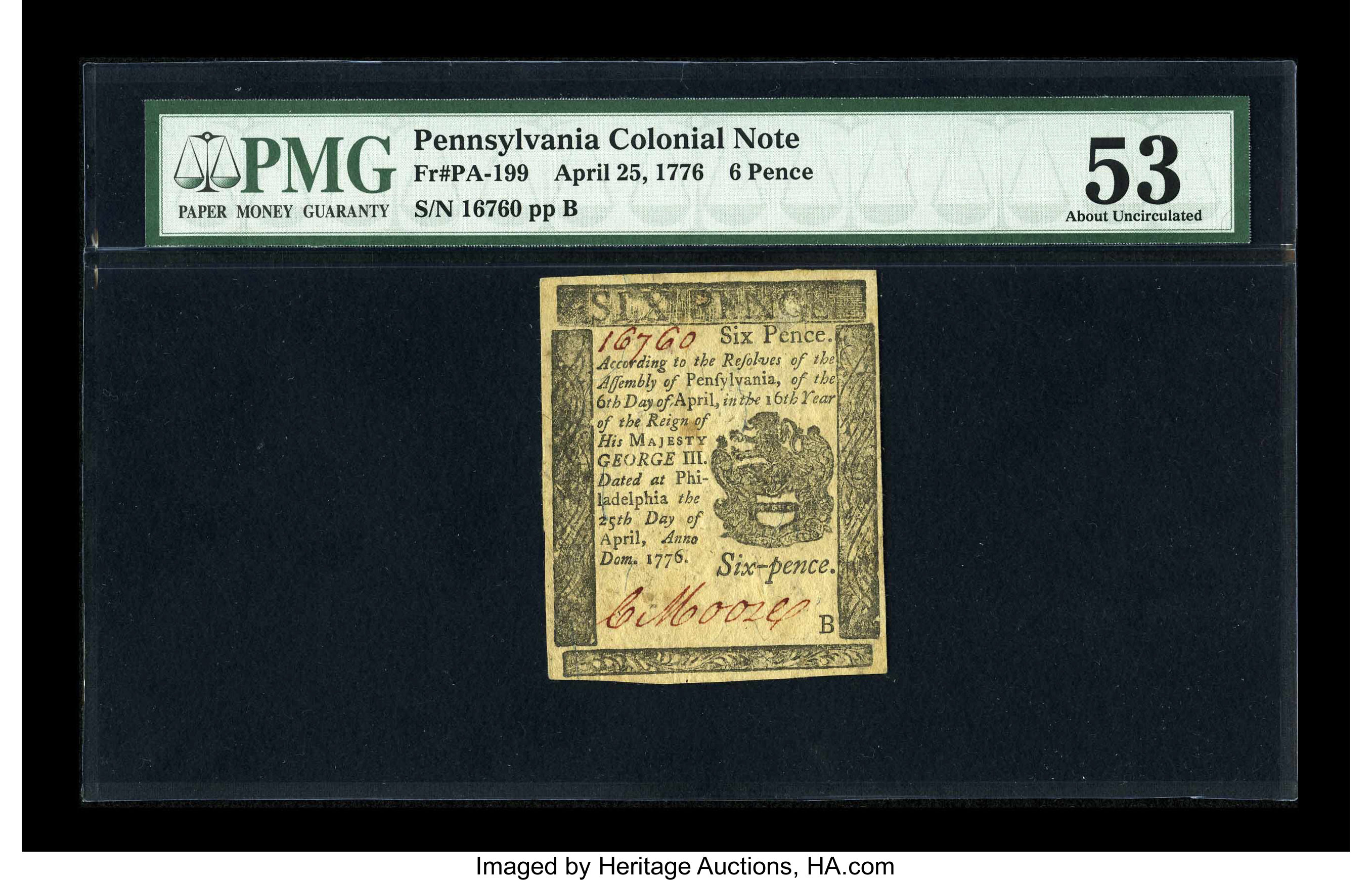 image for: Pennsylvania April 25, 1776 6d PMG About Uncirculated 53....