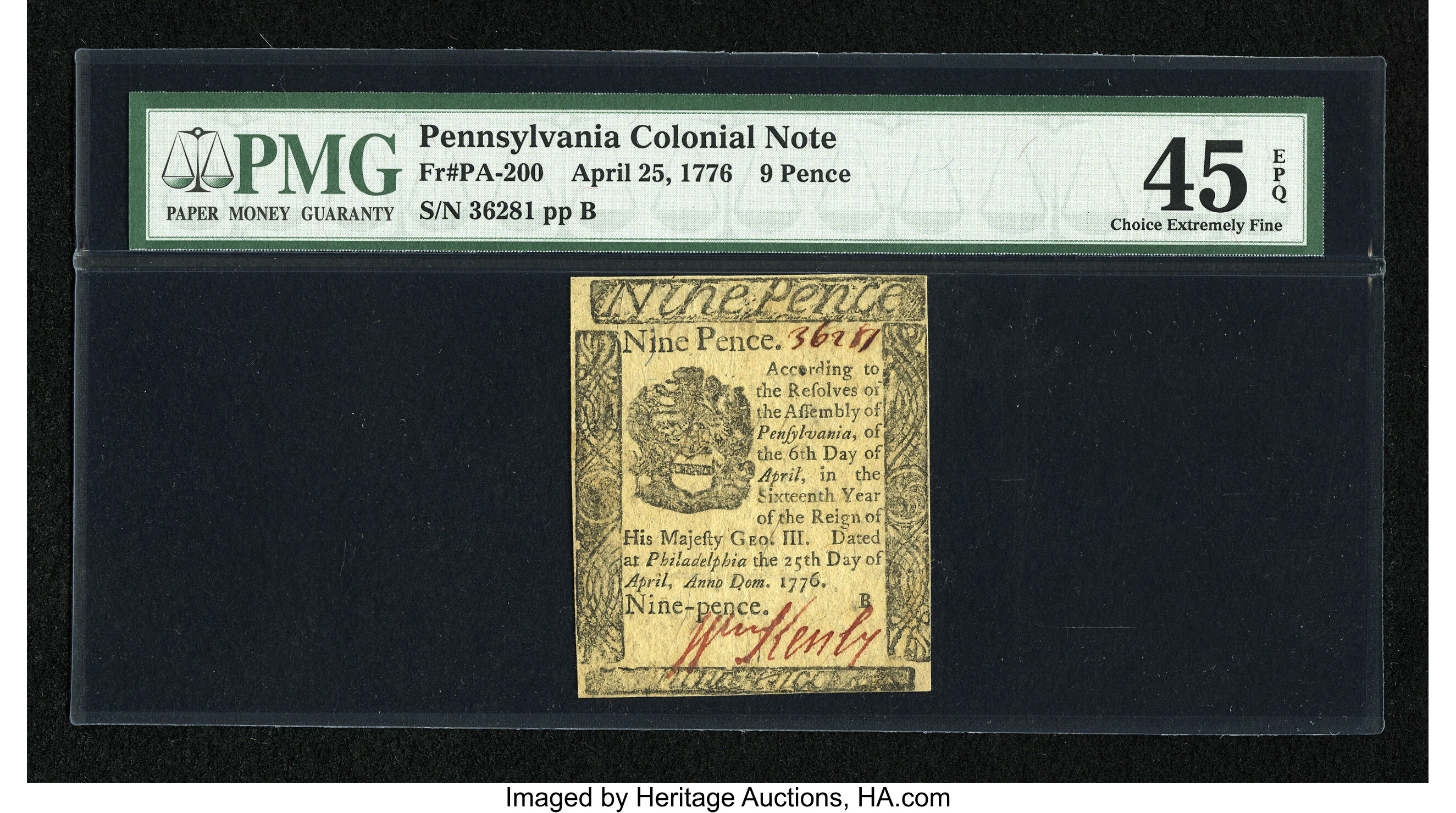image for: Pennsylvania April 25, 1776 9d PMG Choice Extremely Fine 45 EPQ....