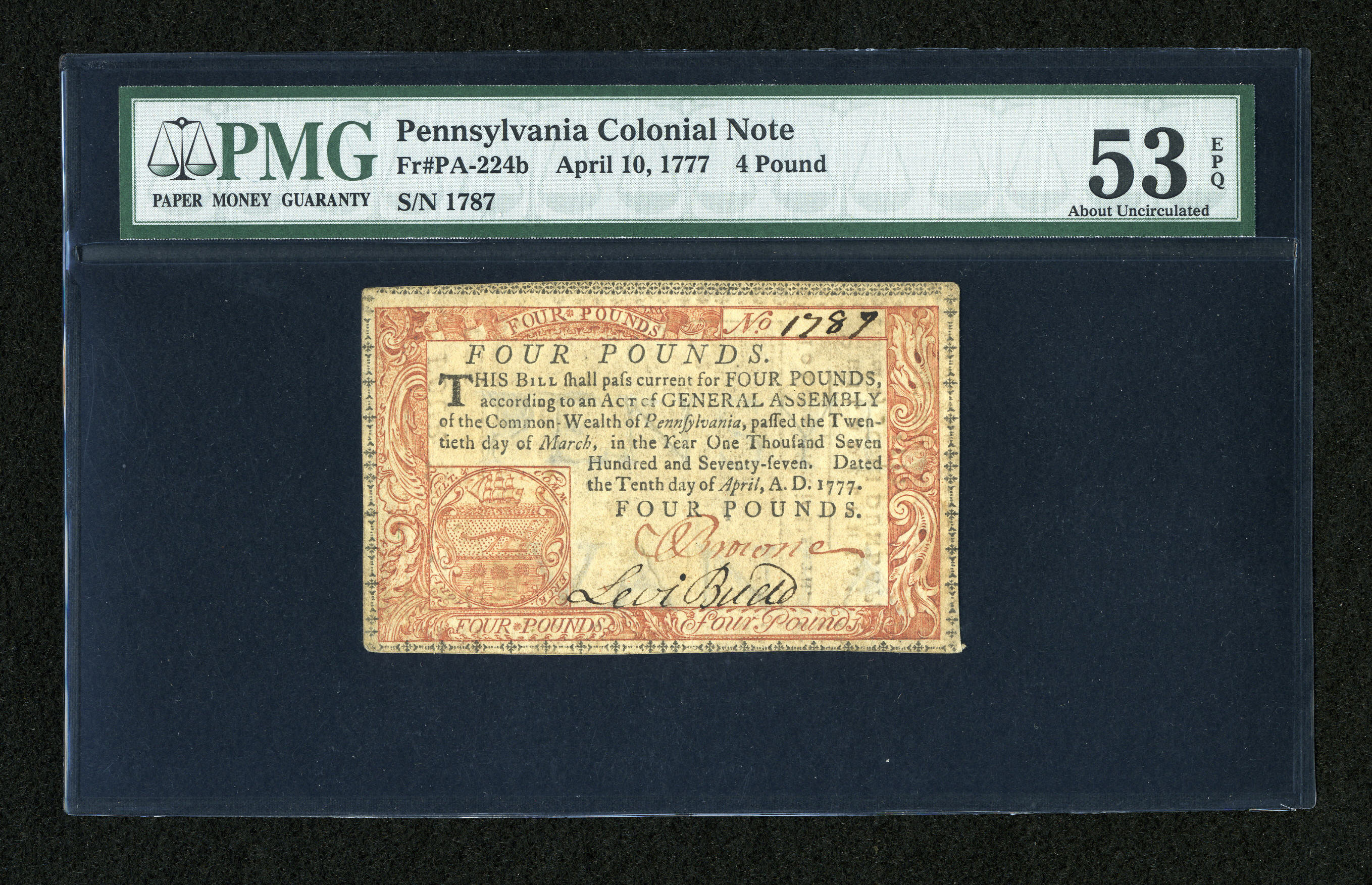 image for: Pennsylvania April 10, 1777 £4 PMG About Uncirculated 53 EPQ....