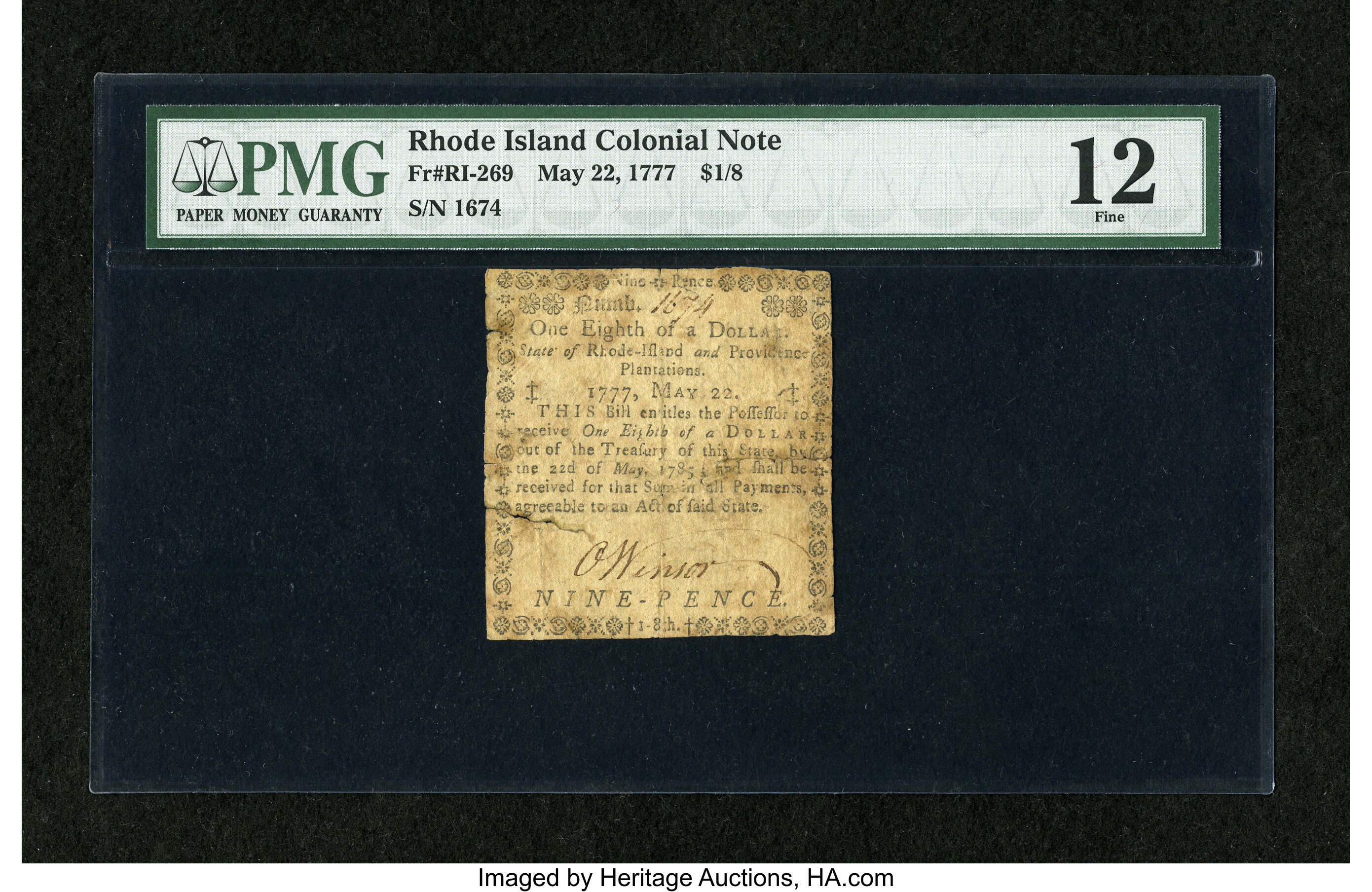 image for: Rhode Island May 22, 1777 $1/8 PMG Fine 12....