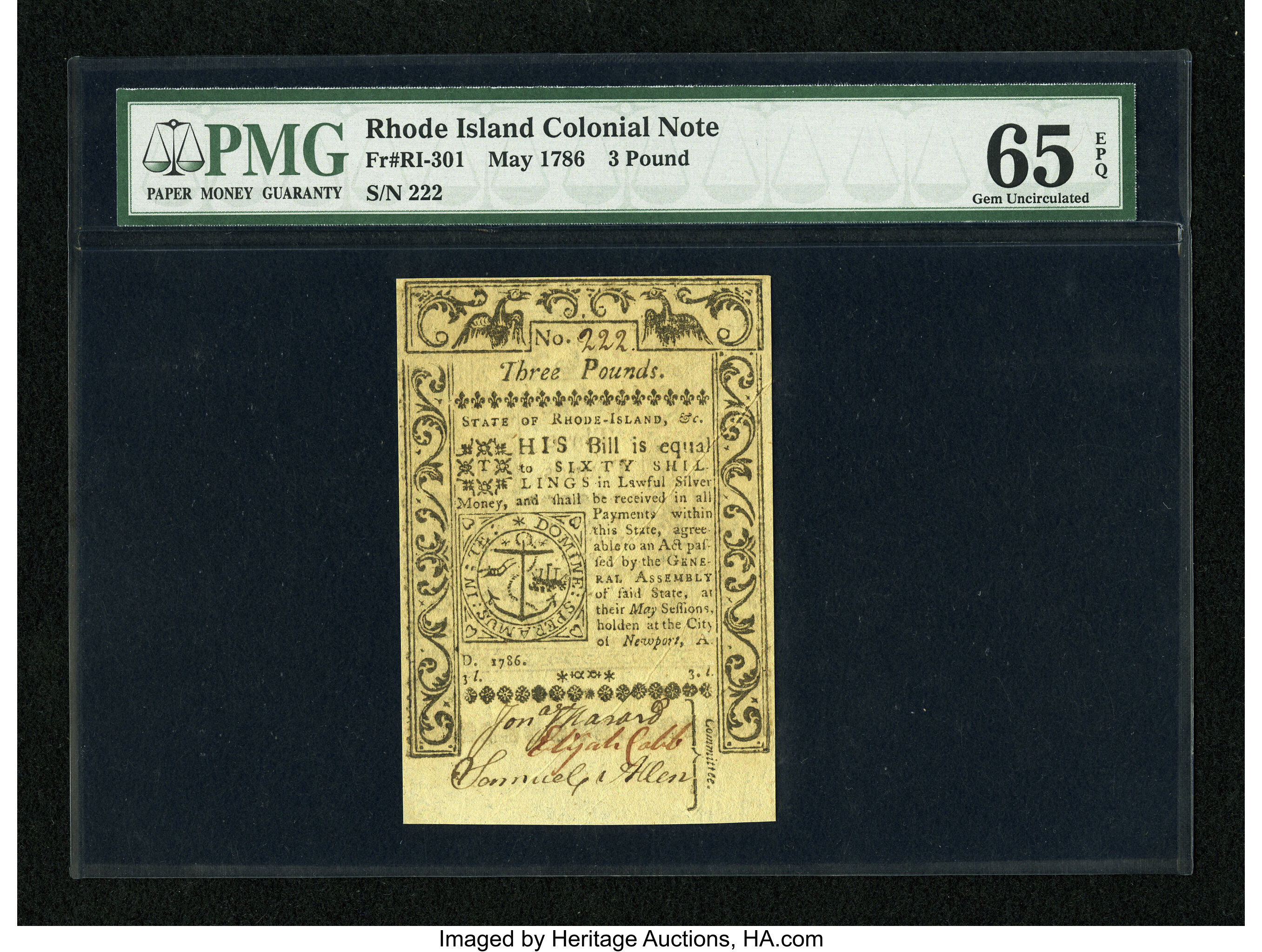 image for: Rhode Island May 1786 £3 PMG Gem Uncirculated 65 EPQ....