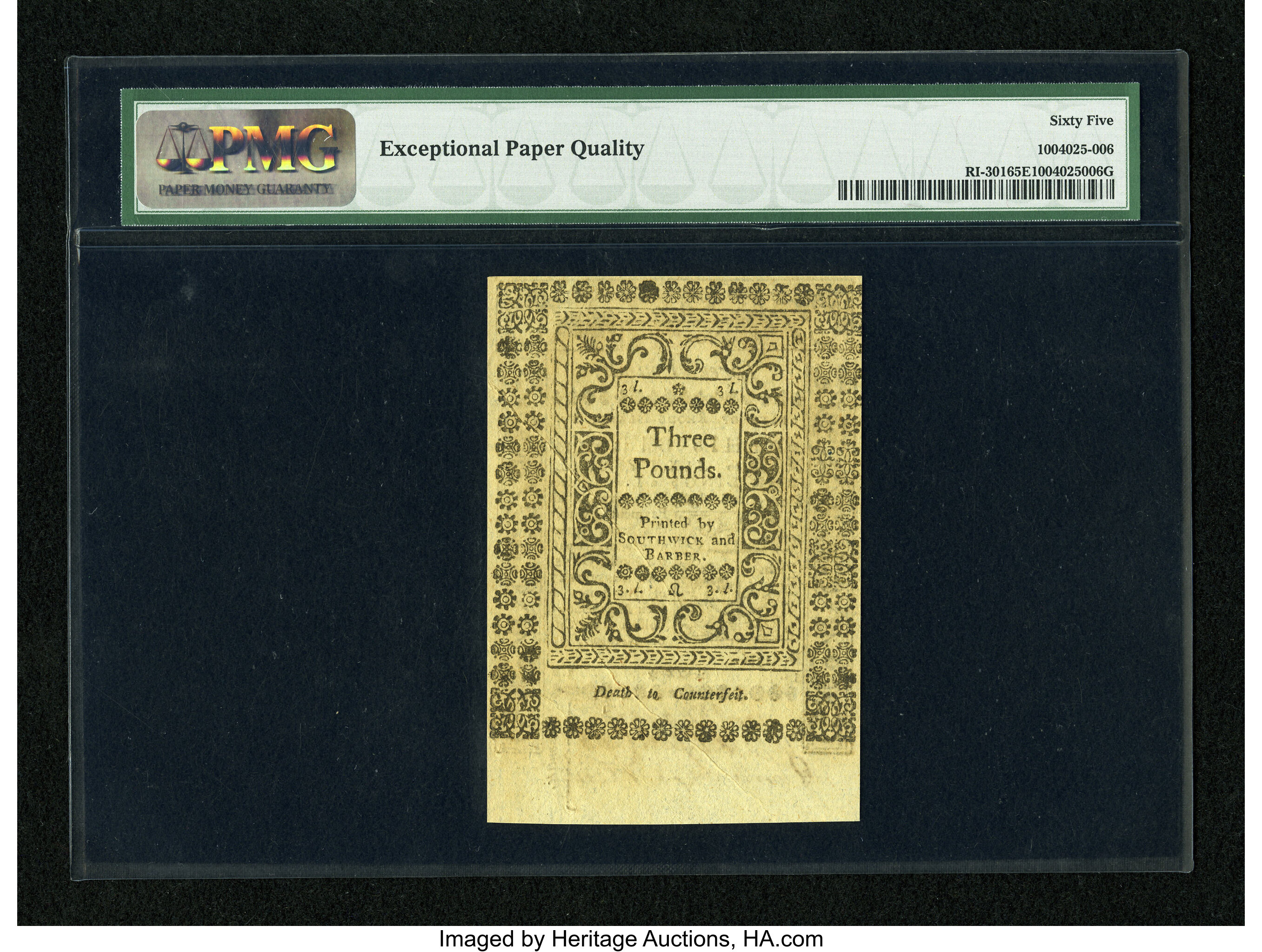 image for: Rhode Island May 1786 £3 PMG Gem Uncirculated 65 EPQ....