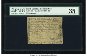 image for: South Carolina October 19, 1776 $6 PMG Choice Very Fine 35....