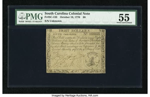 image for: South Carolina October 19, 1776 $8 PMG About Uncirculated 55....