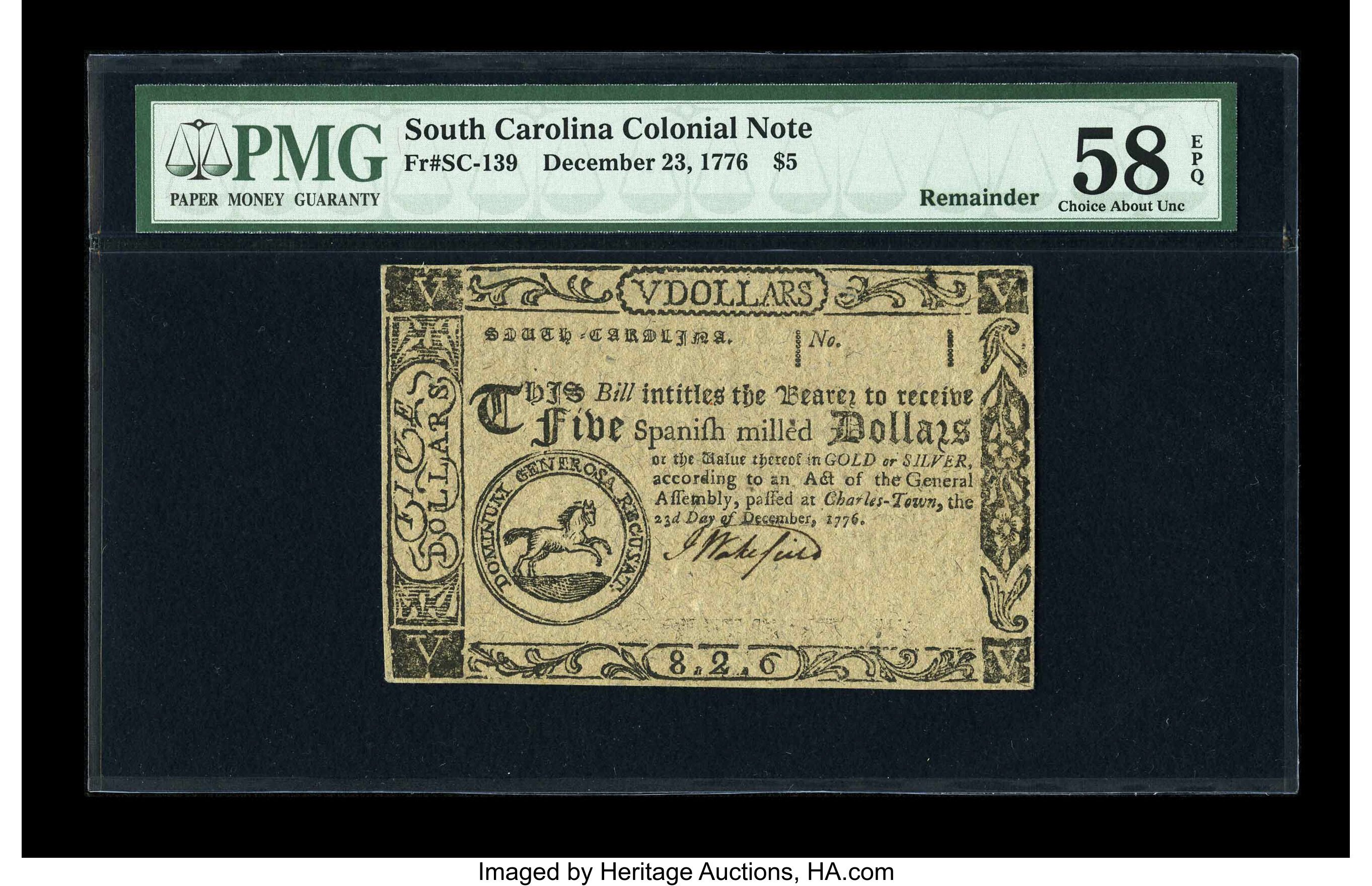image for: South Carolina December 23, 1776 $5 PMG Choice About Unc 58 EPQ....