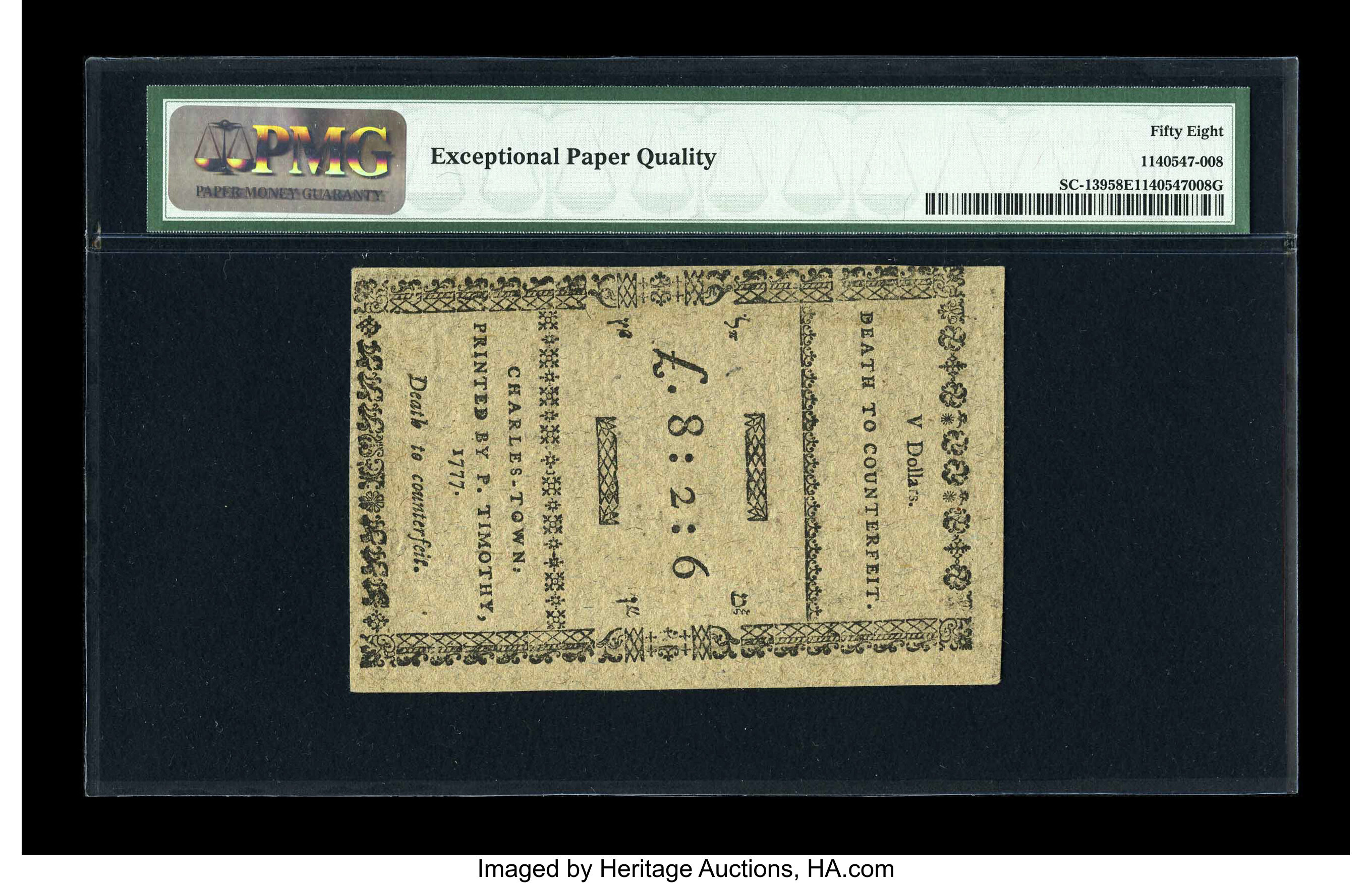 image for: South Carolina December 23, 1776 $5 PMG Choice About Unc 58 EPQ....