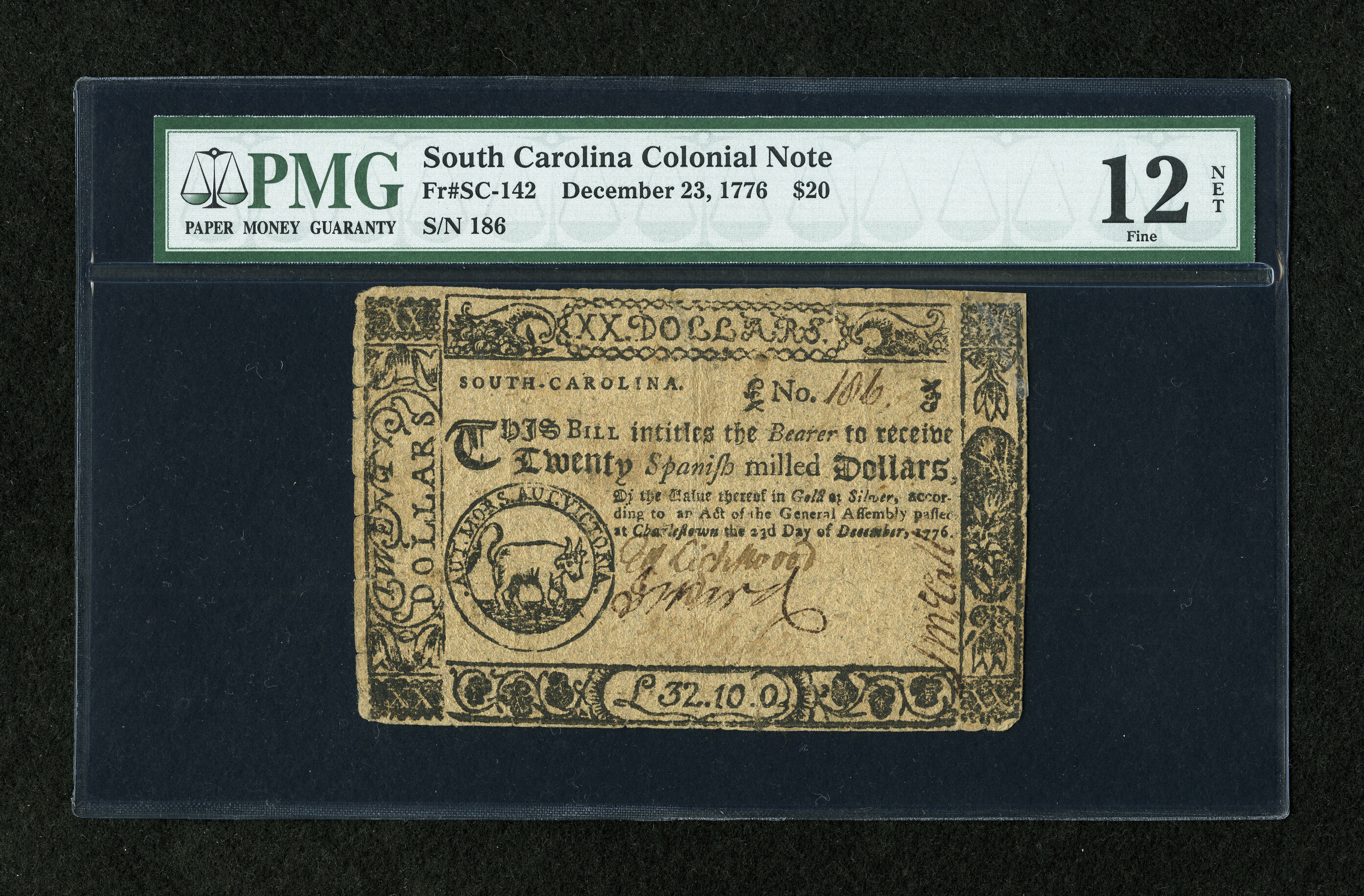 image for: South Carolina December 23, 1776 $20 PMG Fine 12 Net....