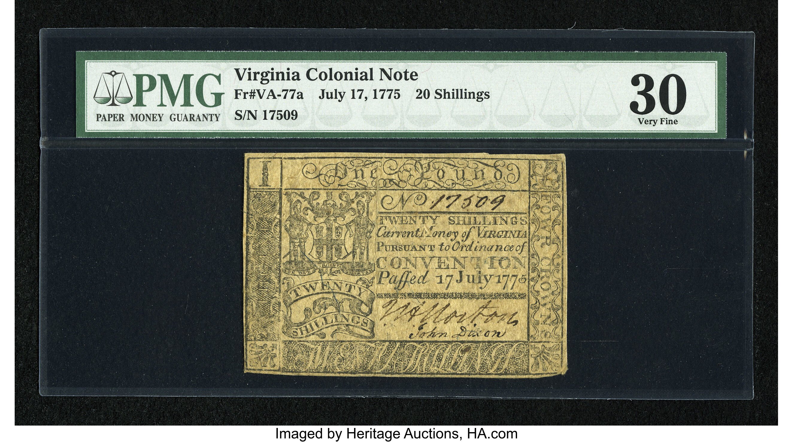 image for: Virginia July 17, 1775 20s PMG Very Fine 30....