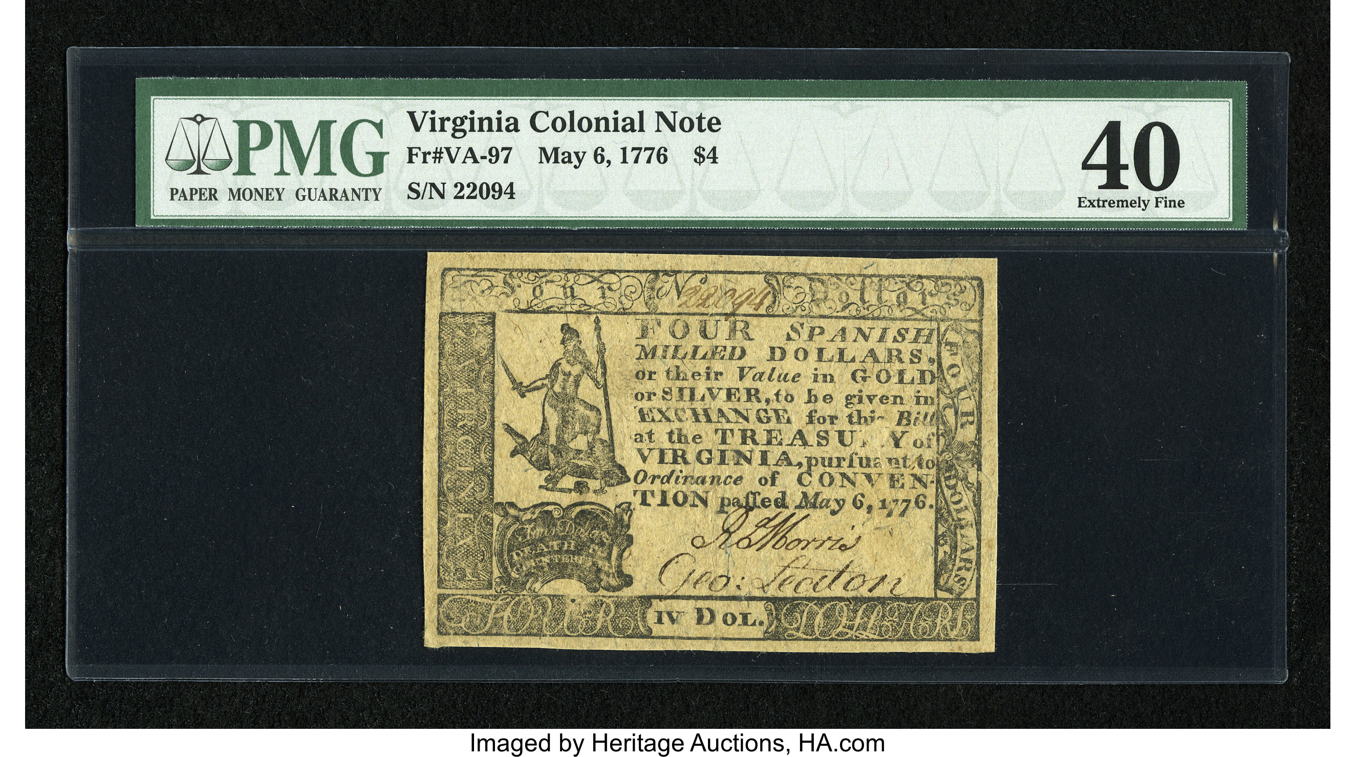 image for: Virginia May 6, 1776 $4 PMG Extremely Fine 40....