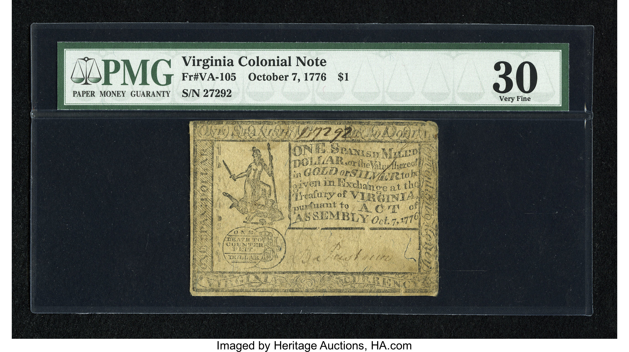 image for: Virginia October 7, 1776 $1 PMG Very Fine 30....