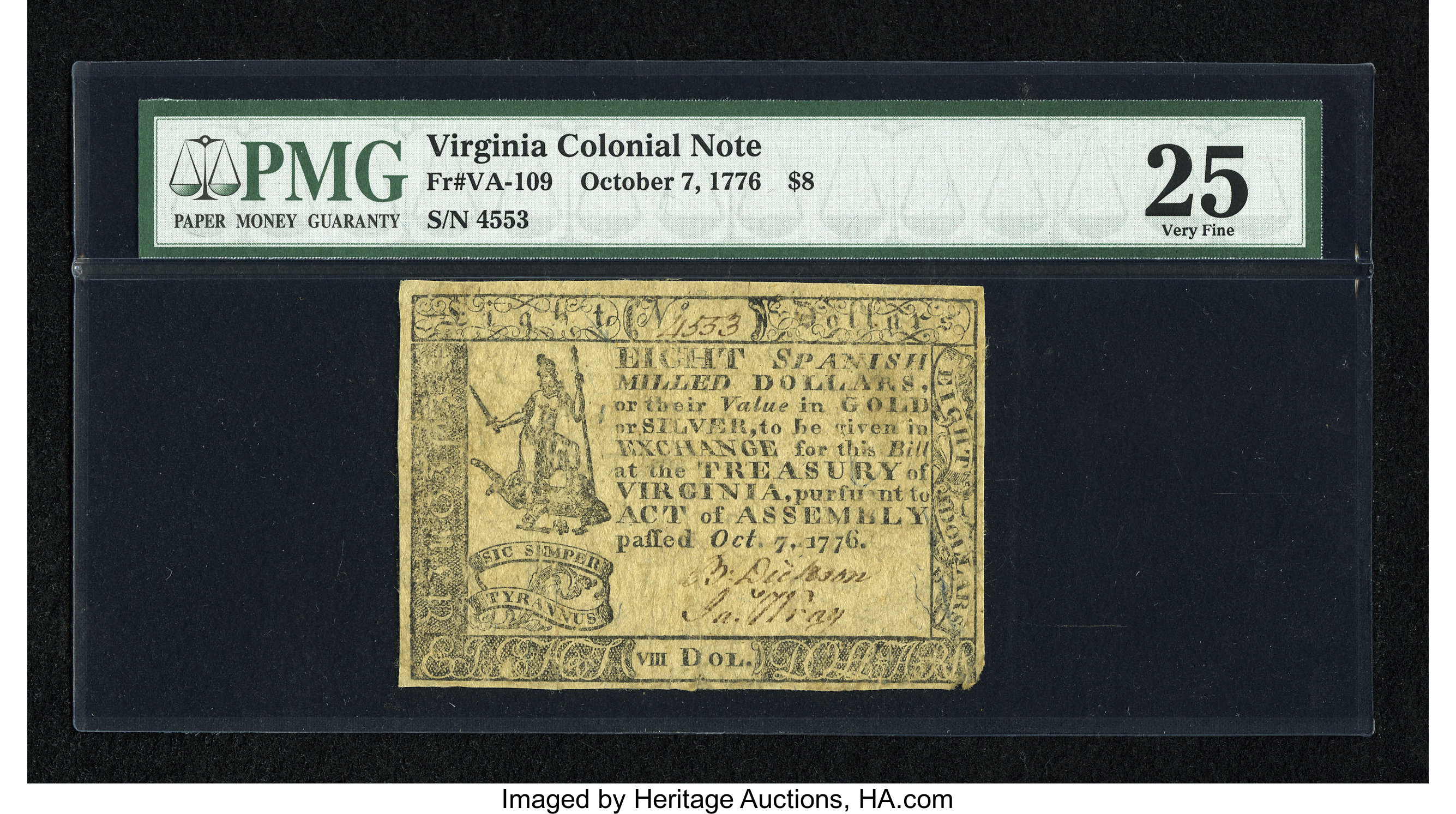 image for: Virginia October 7, 1776 $8 PMG Very Fine 25....