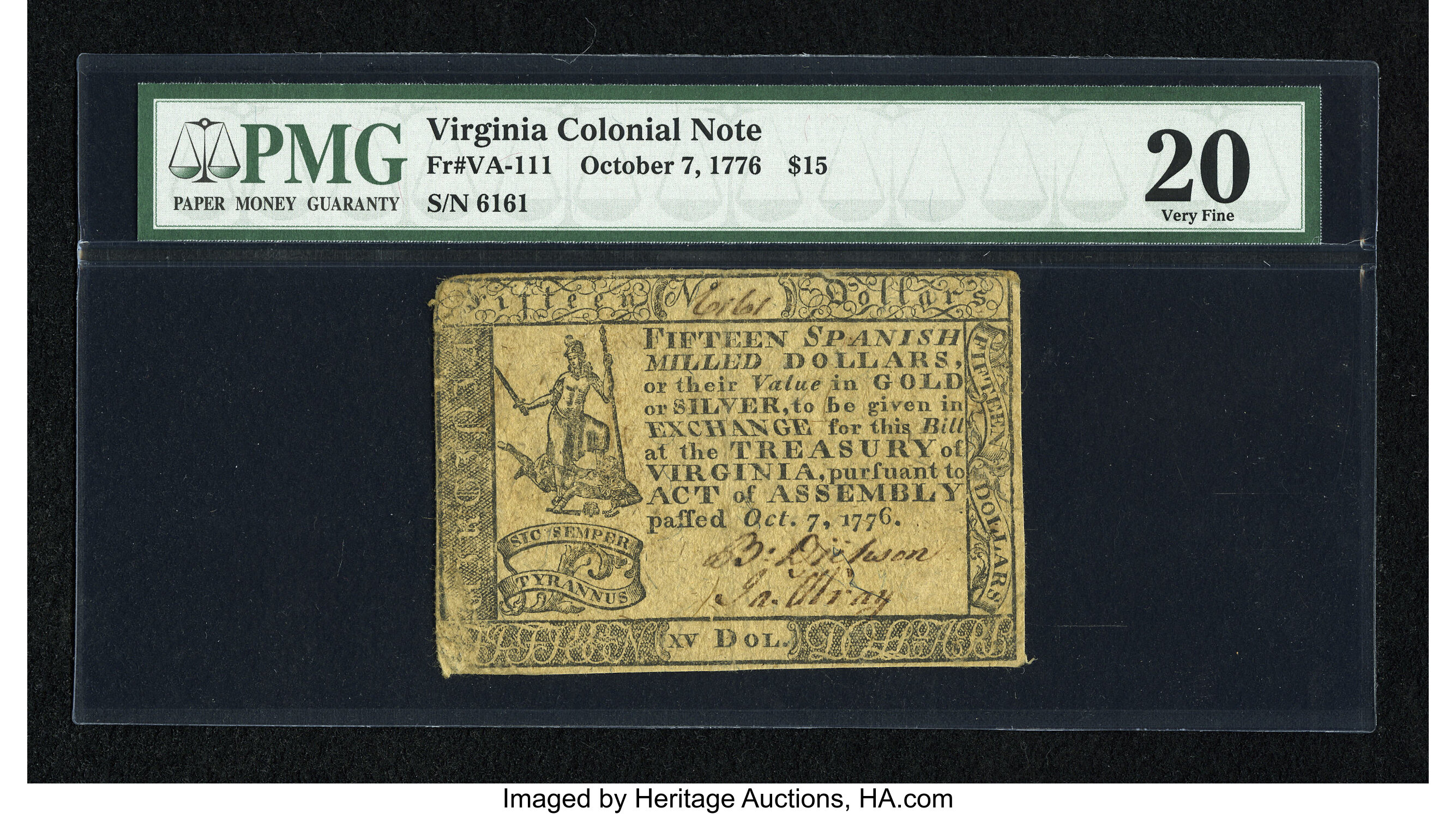 image for: Virginia October 7, 1776 $15 PMG Very Fine 20....