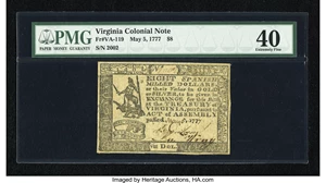 image for: Virginia May 5, 1777 $8 PMG Extremely Fine 40....