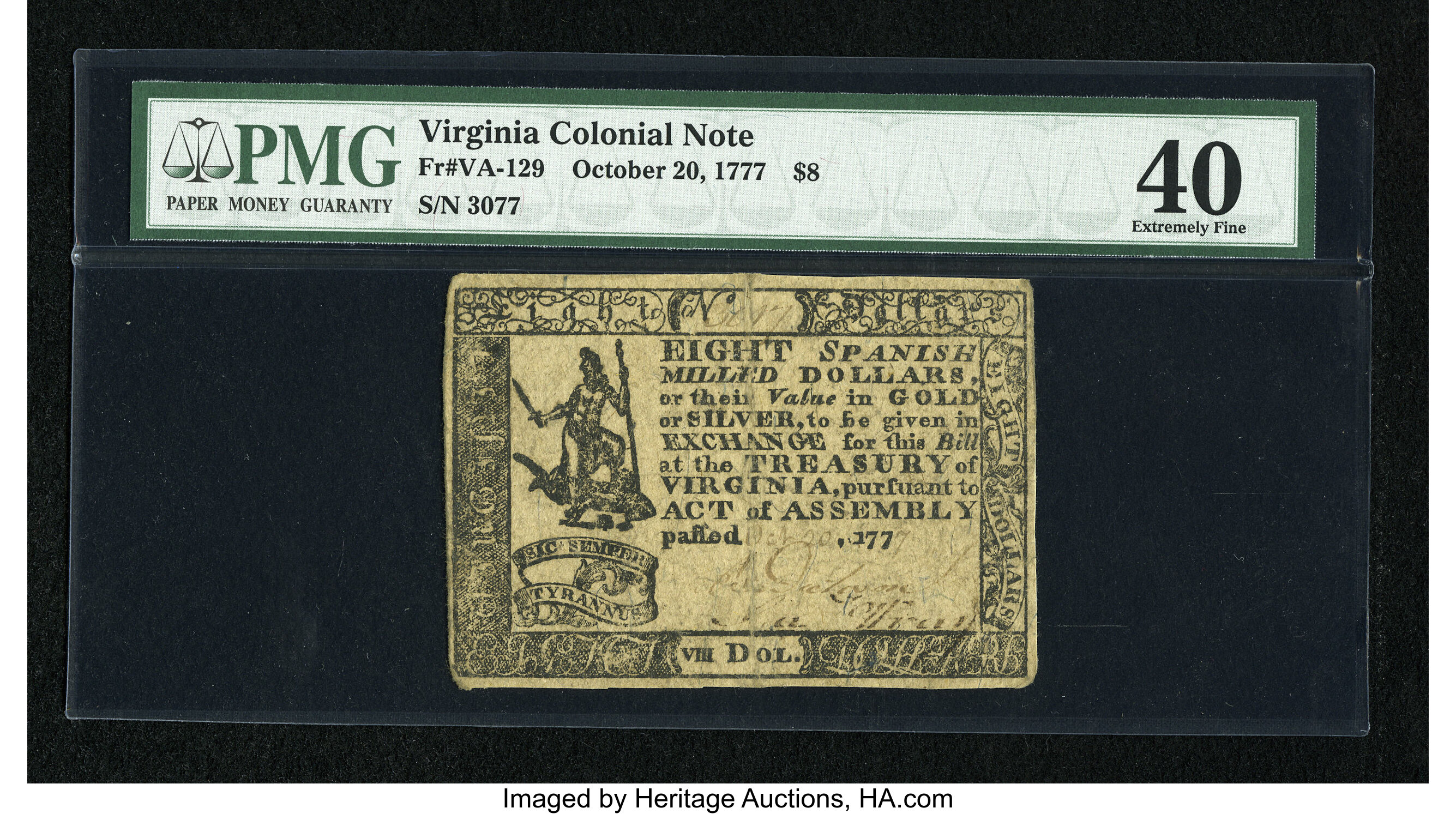 image for: Virginia October 20, 1777 $8 PMG Extremely Fine 40....
