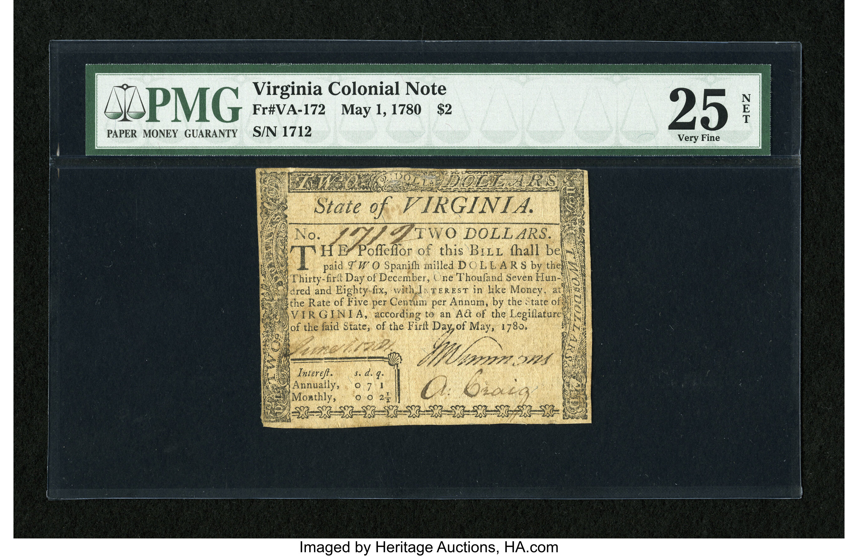 image for: Virginia May 1, 1780 $2 PMG Very Fine 25 Net....