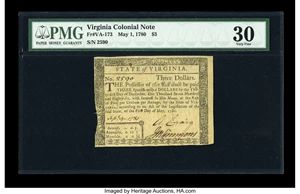 image for: Virginia May 1, 1780 $3 PMG Very Fine 30....