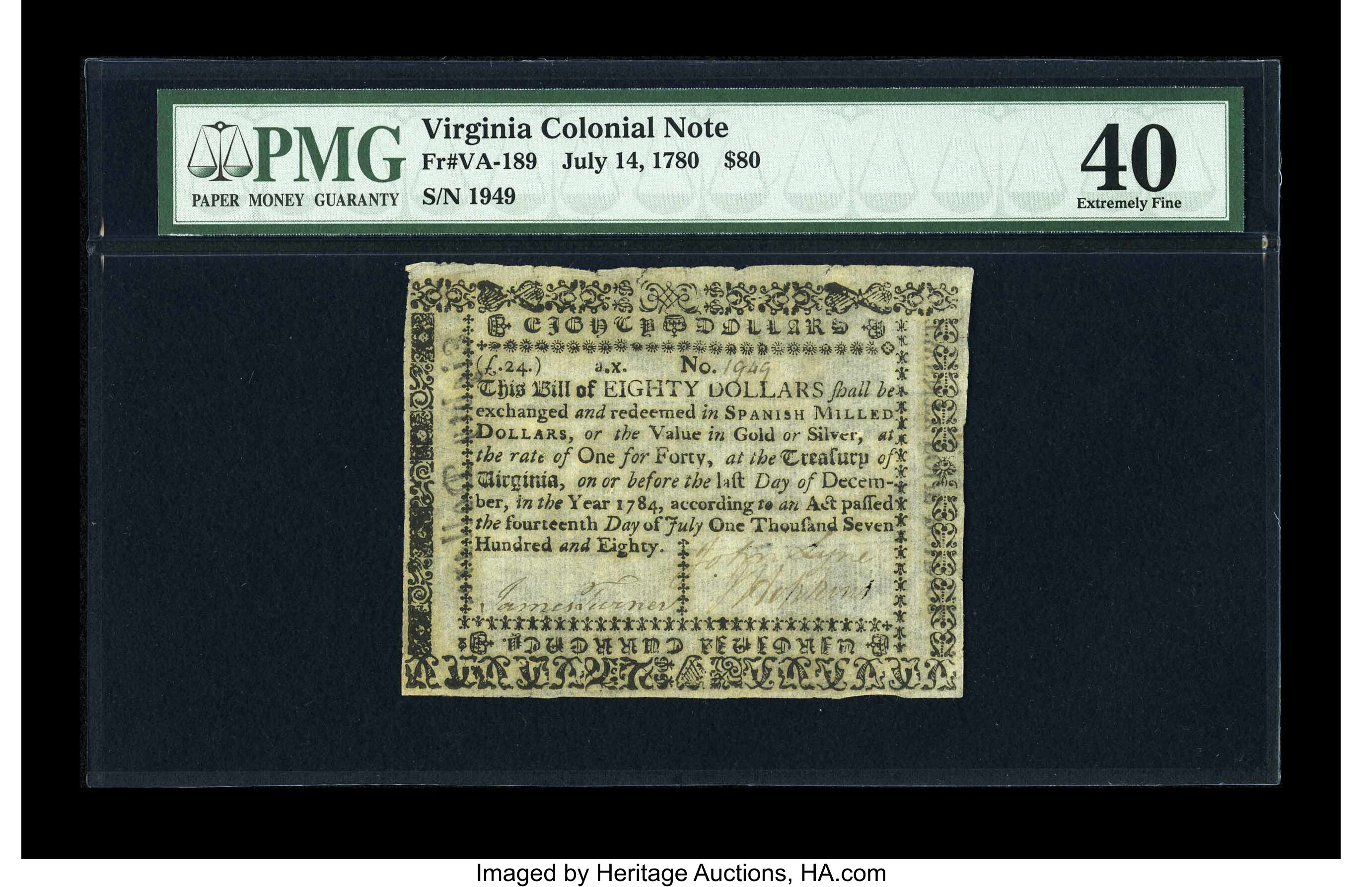 image for: Virginia July 14, 1780 $80 PMG Extremely Fine 40....