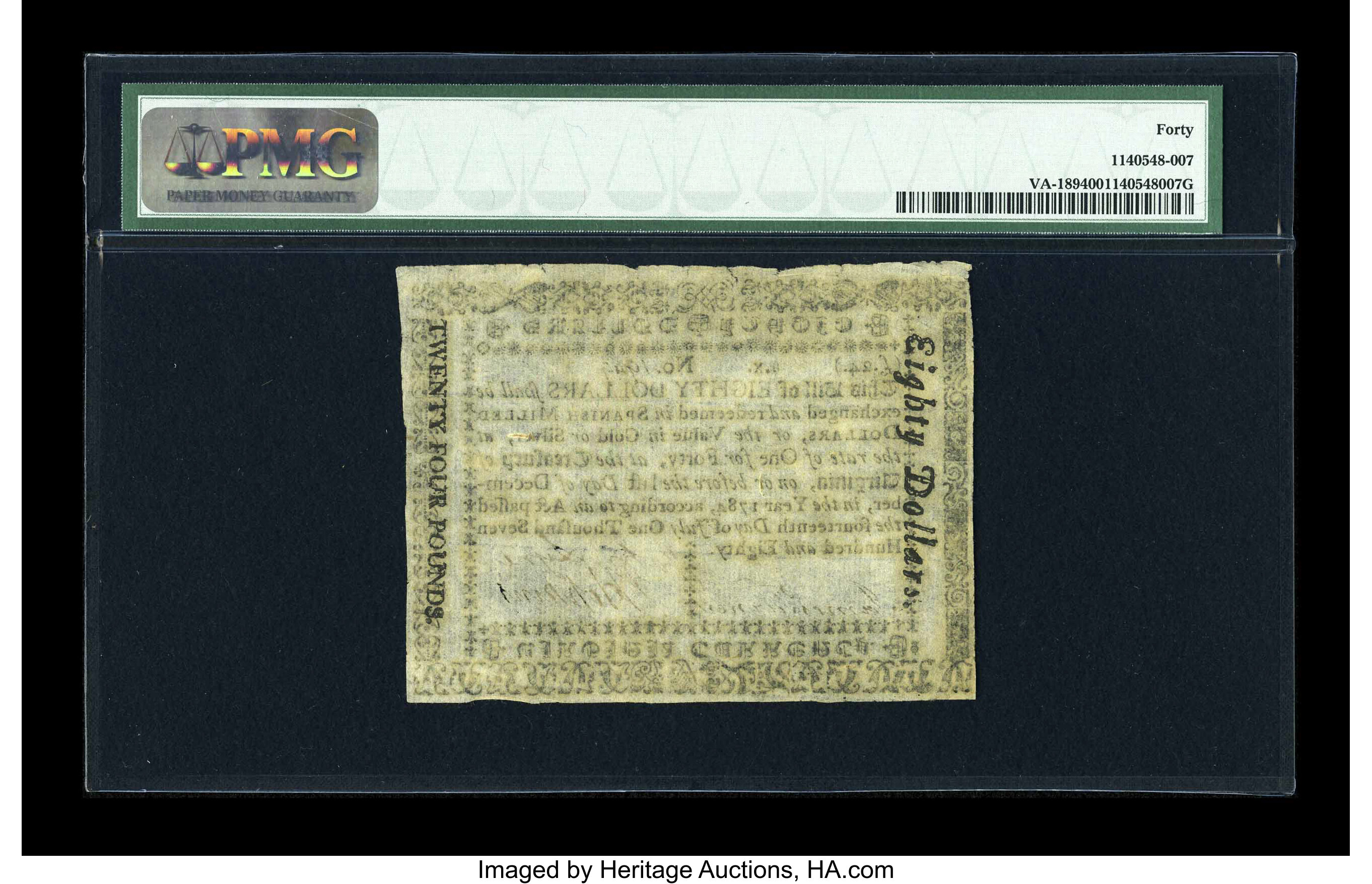 image for: Virginia July 14, 1780 $80 PMG Extremely Fine 40....