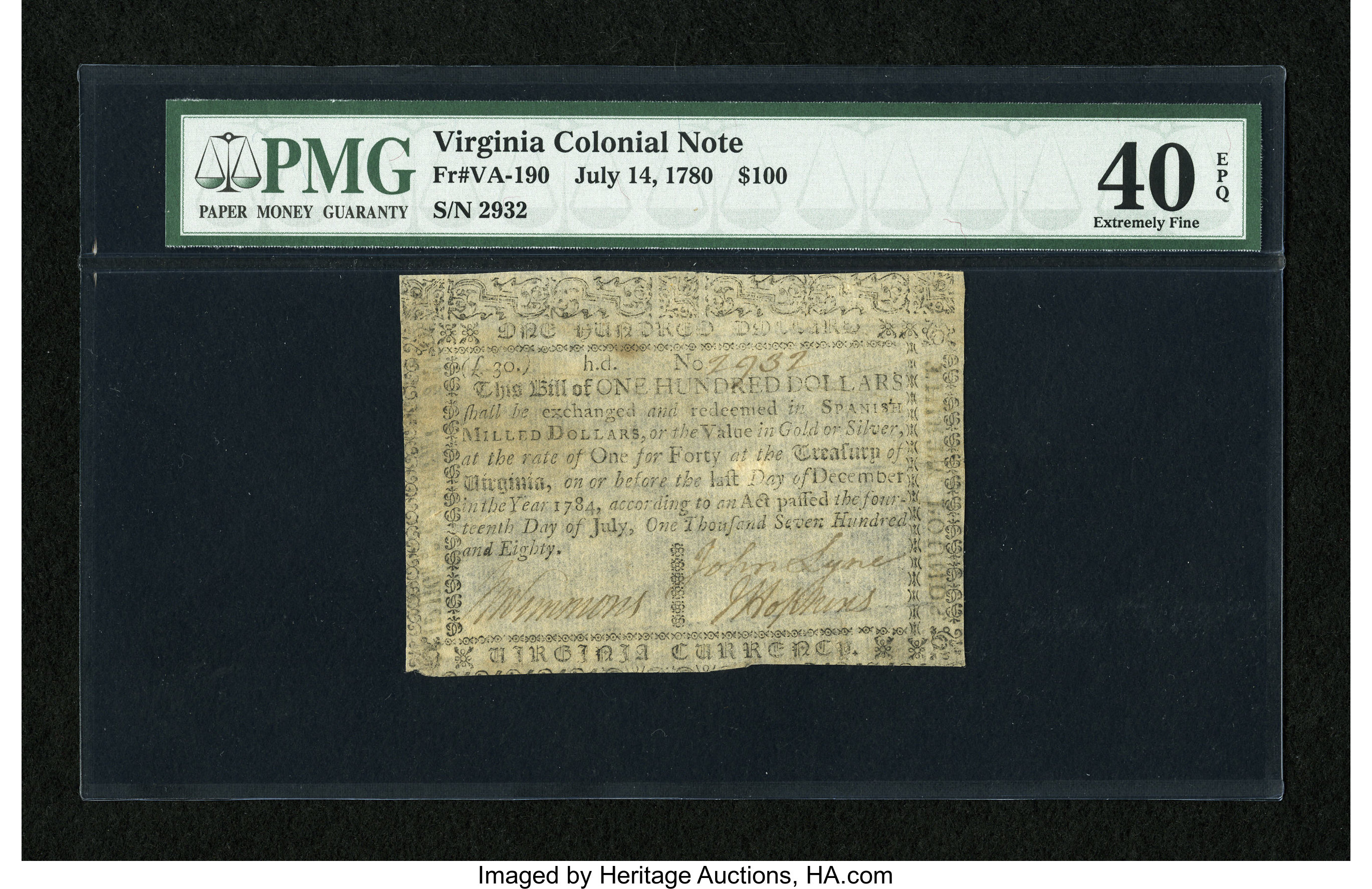image for: Virginia July 14, 1780 $100 PMG Extremely Fine 40 EPQ....