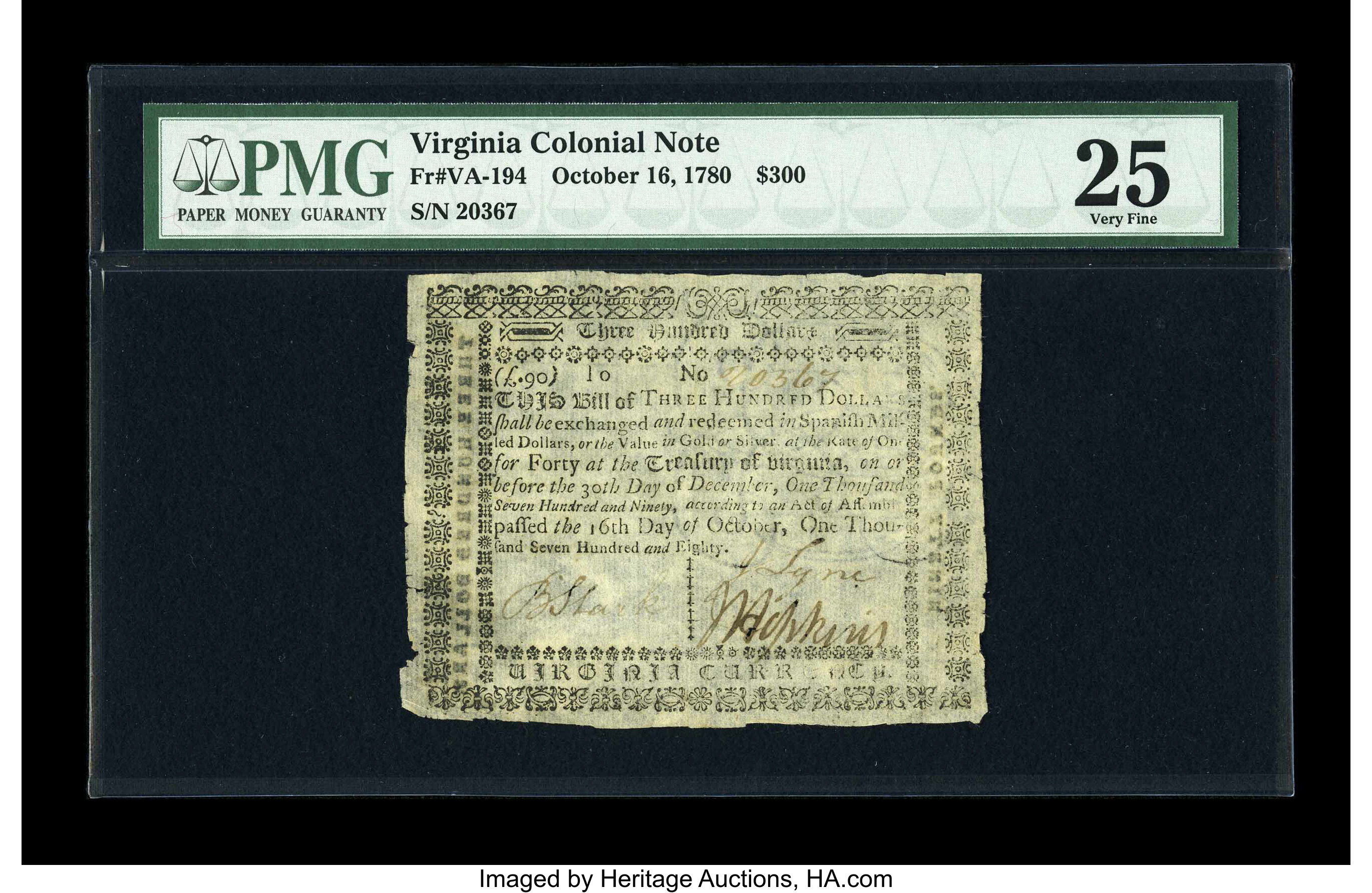 image for: Virginia October 16, 1780 $300 PMG Very Fine 25....