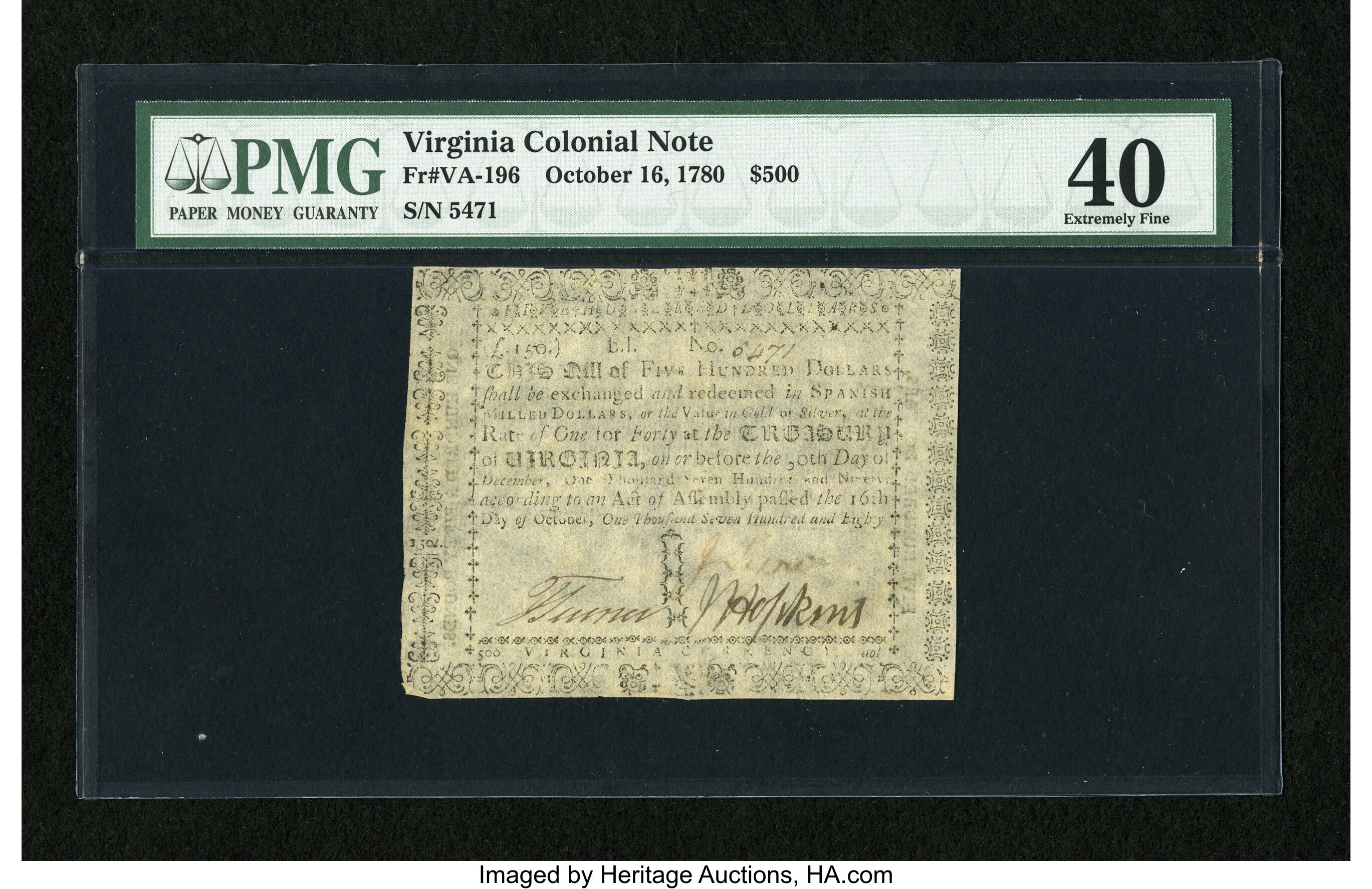 image for: Virginia October 16, 1780 $500 PMG Extremely Fine 40....