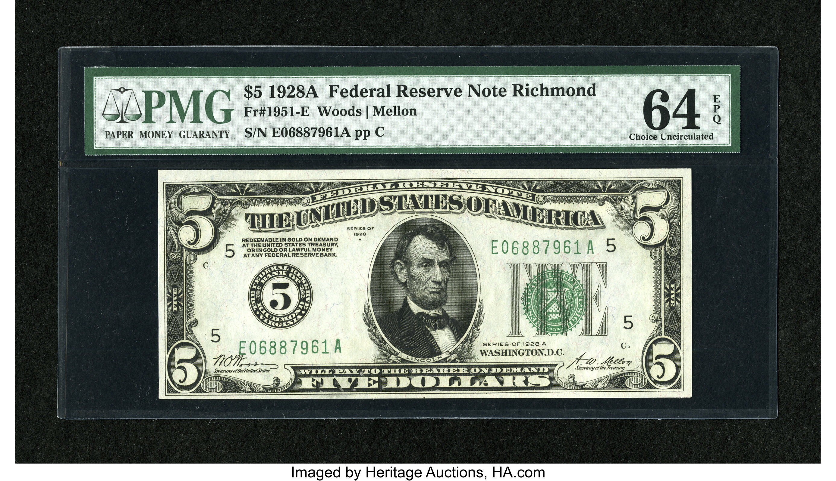 image for: Fr. 1951-E $5 1928A Federal Reserve Note. PMG Choice Uncirculated 64 EPQ....