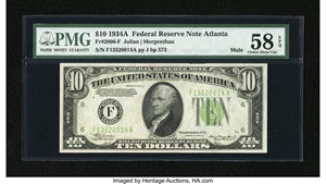 image for: Fr. 2006-F $10 1934A Federal Reserve Note. PMG Choice About Unc 58 EPQ....