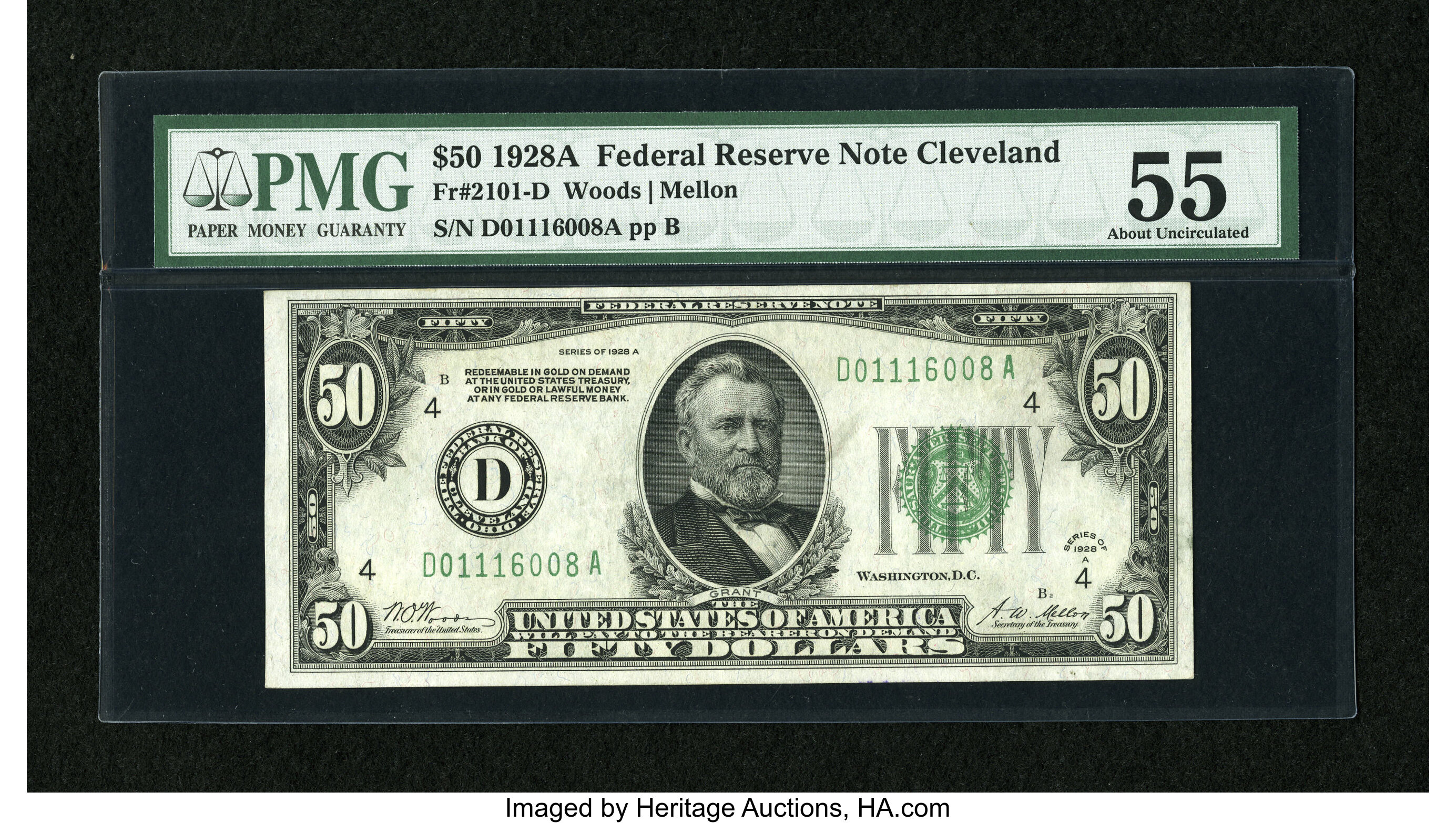 image for: Fr. 2101-D $50 1928A Dark Green Seal Federal Reserve Note. PMG About Uncirculated 55....
