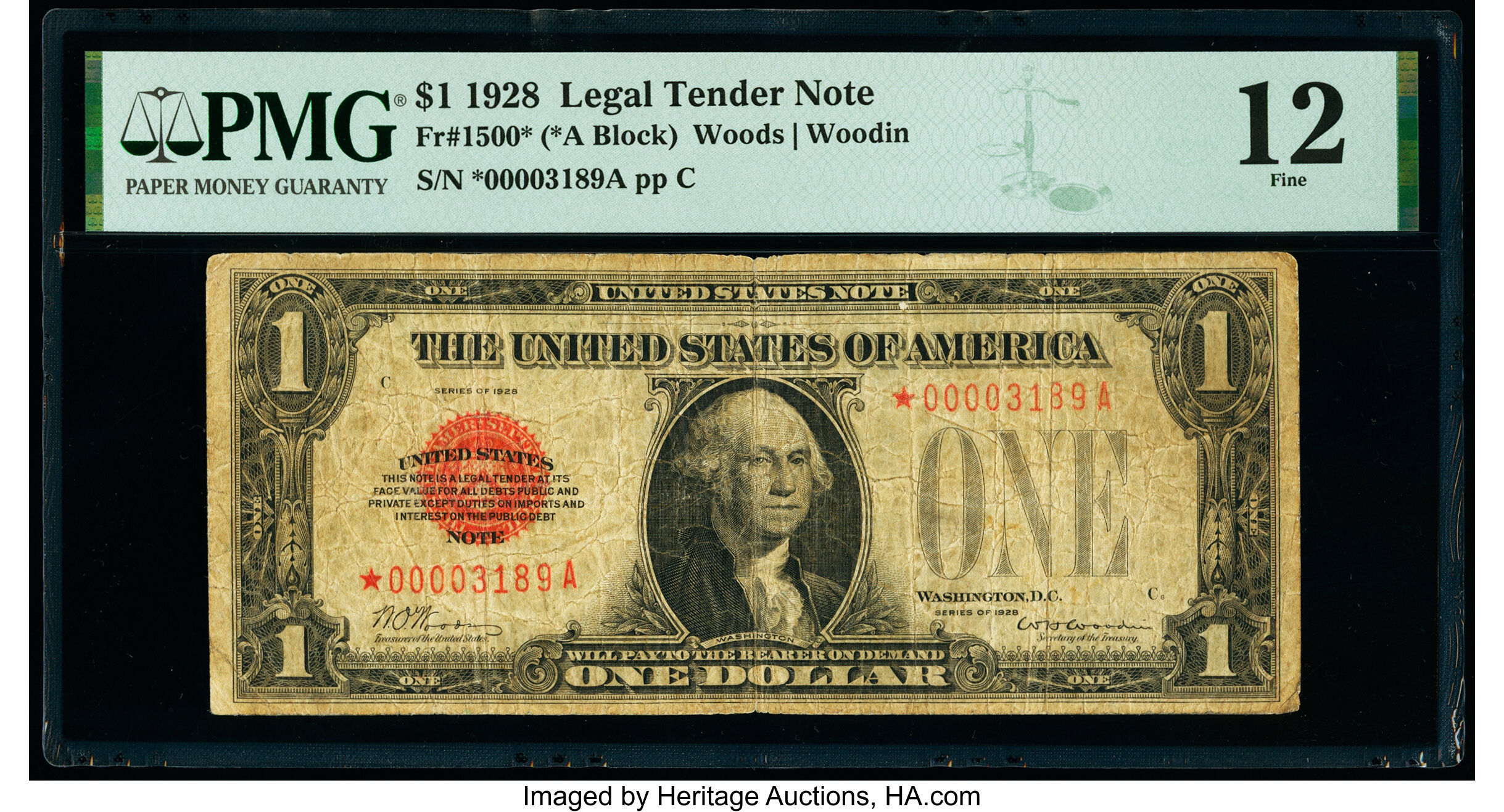 image for: Low Serial Number 3189 Fr. 1500* $1 1928 Legal Tender Star Note. PMG Fine 12....