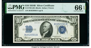 image for: Fr. 1703 $10 1934B Silver Certificate. PMG Gem Uncirculated 66 EPQ....