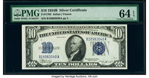 image for: Fr. 1703 $10 1934B Silver Certificate. PMG Choice Uncirculated 64 EPQ....