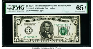 image for: Low Serial Number 63 Fr. 1950-C $5 1928 Federal Reserve Note. PMG Gem Uncirculated 65 EPQ....